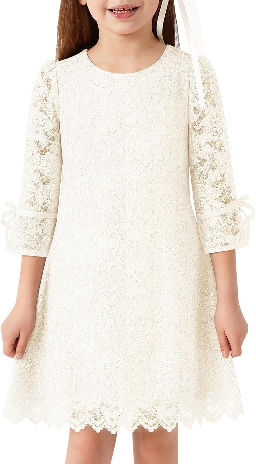 ALLOVIN Girls Soft Lace Flower Girl Dress Wedding Party Casual Wear 2-13Y