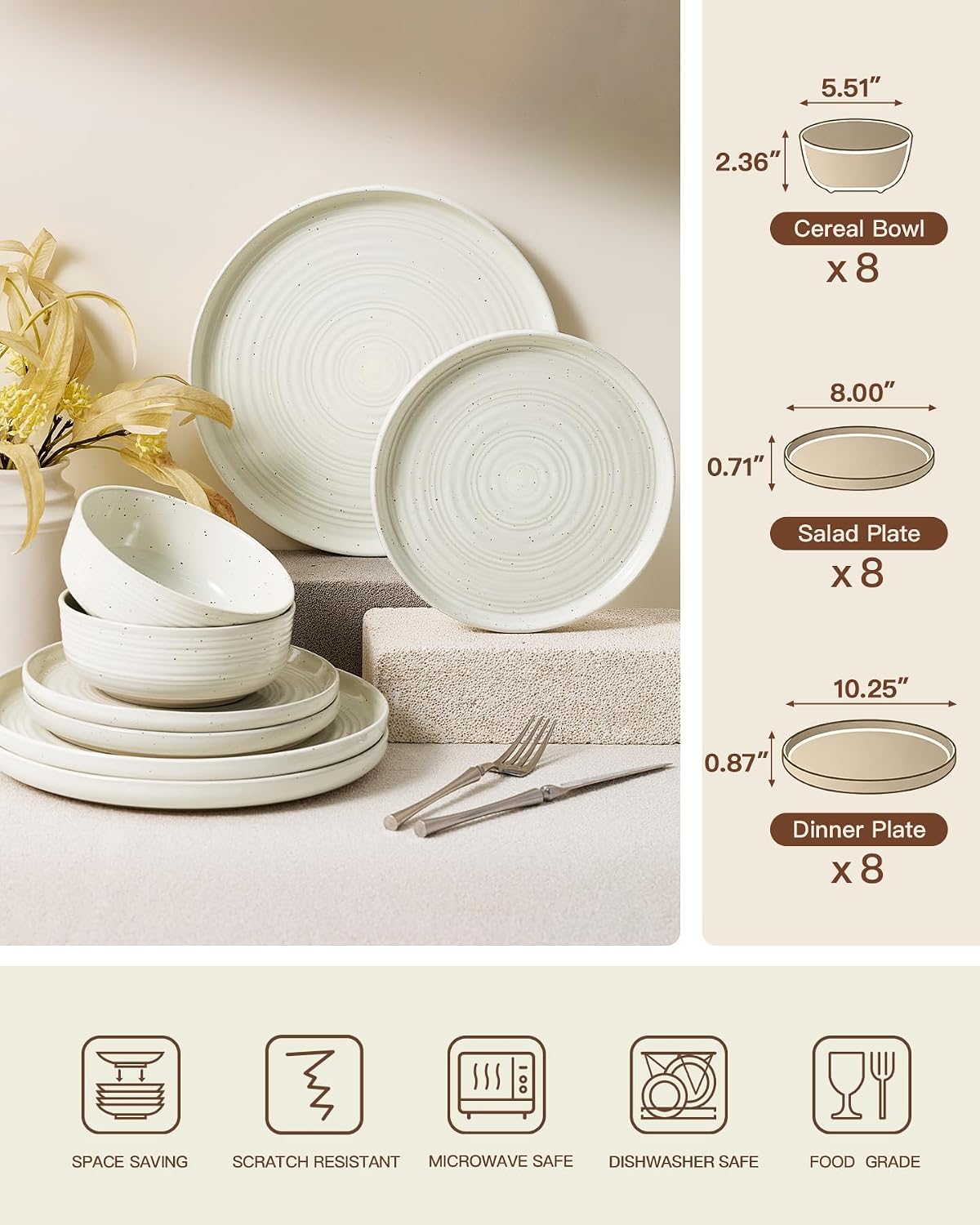 Stoneware Dinnerware Set for 8, Plates and Bowls, Cream | 24-Pc Coupe Farmhouse Dishes | Speckles & Spirals | Chip & Scratch Resistant Everyday Ceramics | Microwave & Dishwasher Safe