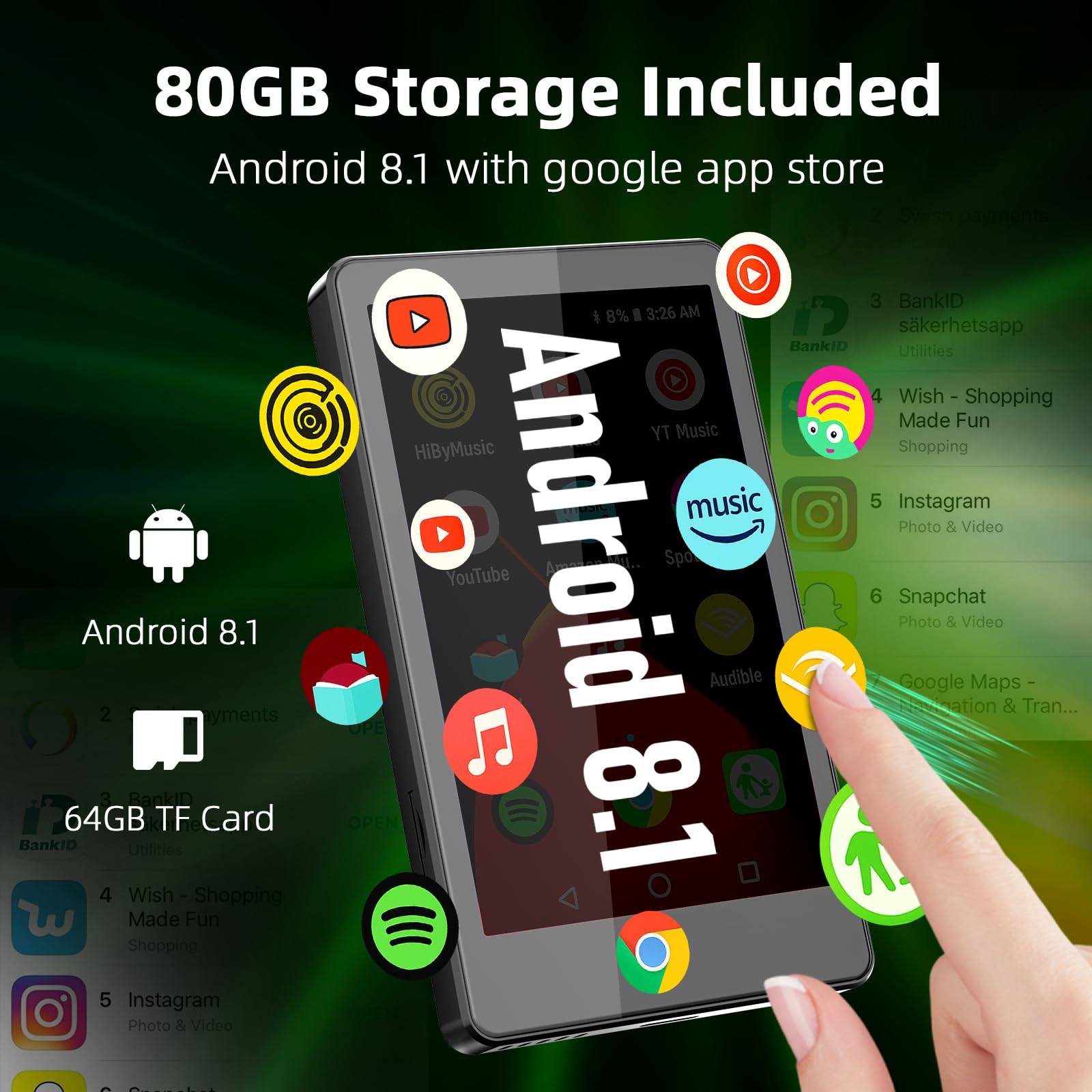 Reproductor MP3, reproductor de música de 64 GB con Bluetooth