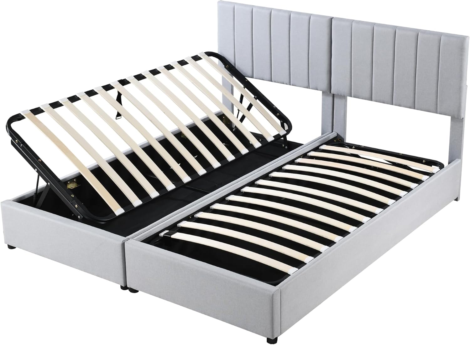 Lift Up Storage Bed Frame King Size,Upholstered Platform Bed with Vertical Channel Tufted Headboard,Low Floor Beds Frame with Hydraulic System and Slat Support,No Box Spring Needed,Easy Assembly,Gray