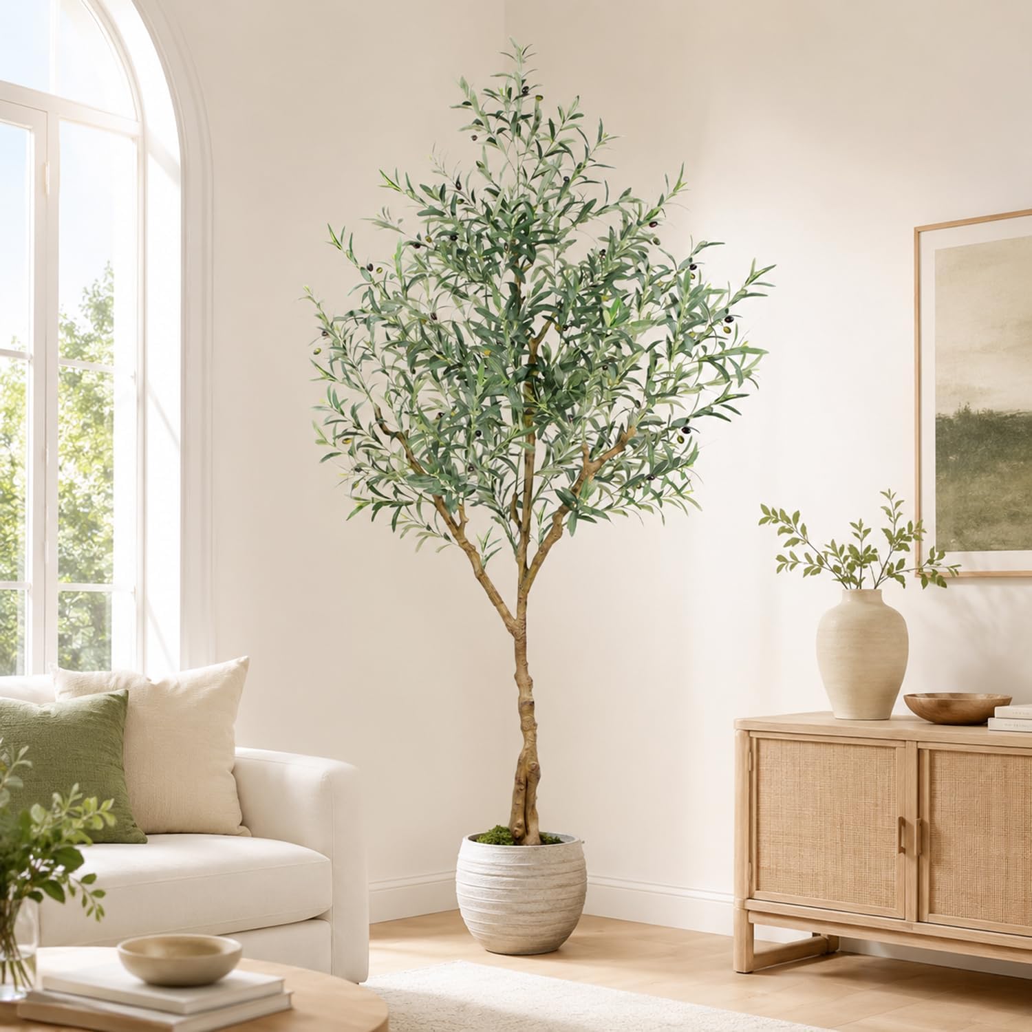 Olive Trees Artificial Indoor,7FT Tall Faux Olive Tree with Lush Leaves and Lifelike Fruits, Artificial Plants in Sturdy Pot for Indoor Home Office Living Room Decor