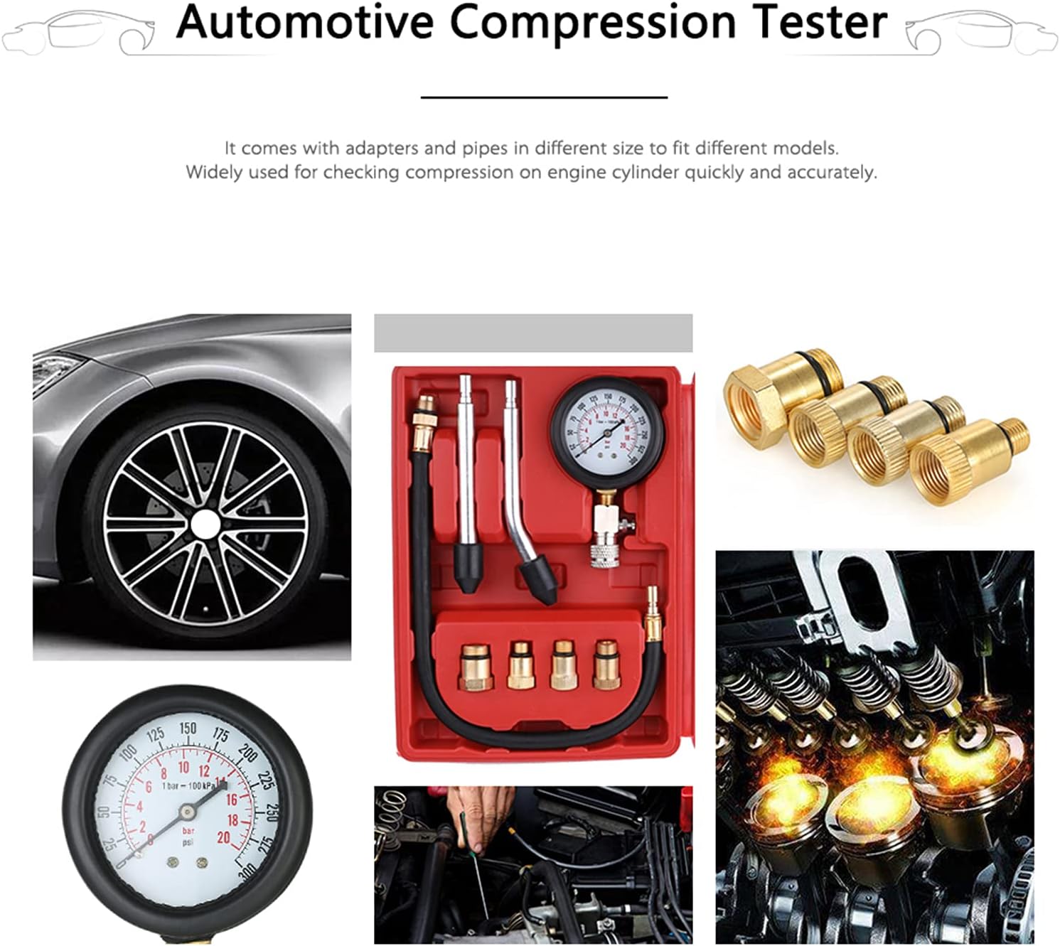Shkalacar 8pcs Petrol Engine Cylinder Compression Tester Kit, Small Engine Compression Tester Automotive Tool Gauge, Gas Engine Set Automotive Tool Gauge for Car & Truck