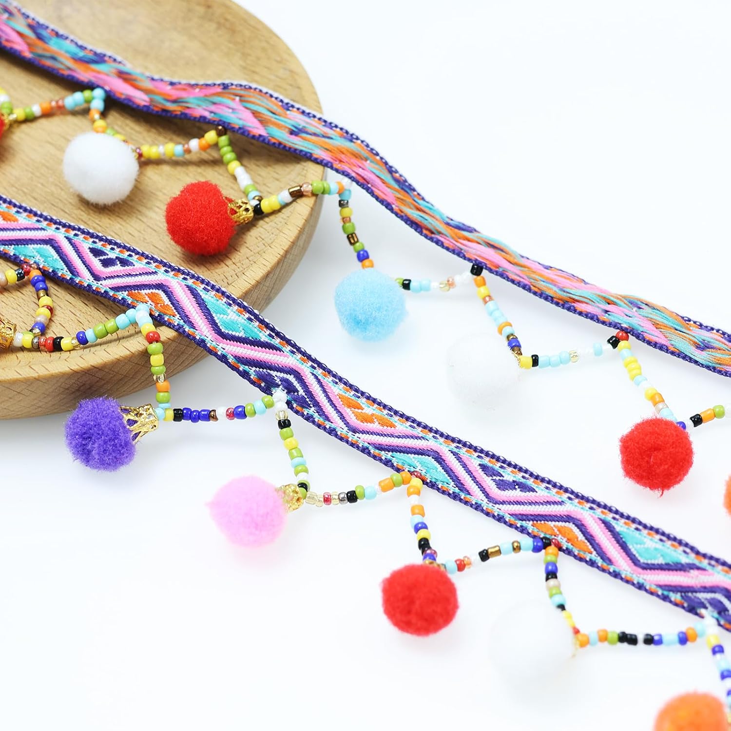 Yalulu 5 Yards Retro Rainbow Pom Pom Tassel Trim Ball Fringe Ribbon Handwork DIY Sewing Accessory Lace for Home Wedding Craft Party Decoration