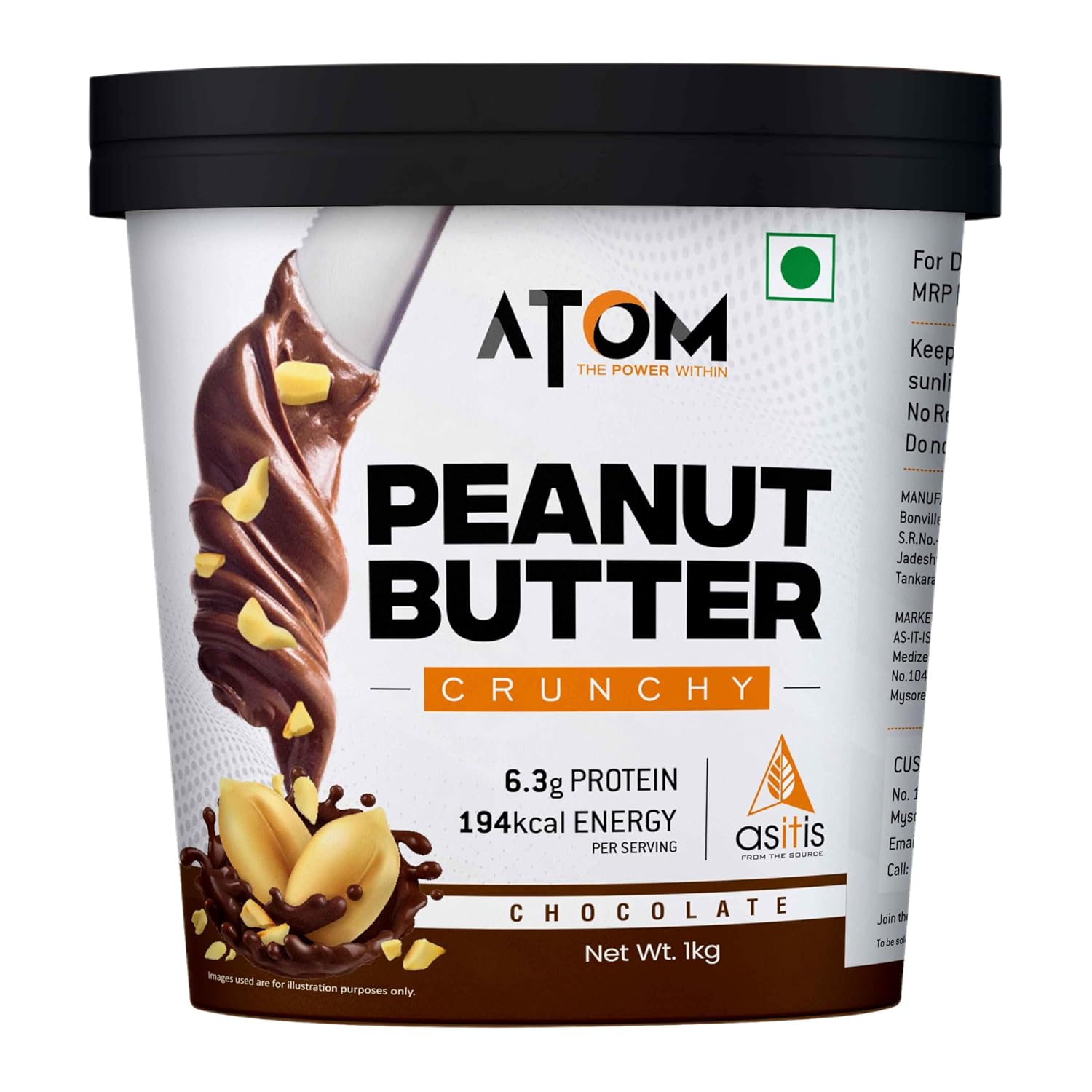 AS-IT-IS Atom Chocolate Peanut Butter Crunchy 1kg/35.2 Oz | Gluten Free 100% Plant-based Dairy-free Zero Transfats, Zero Cholesterol Made of Fresh, Roasted Peanuts