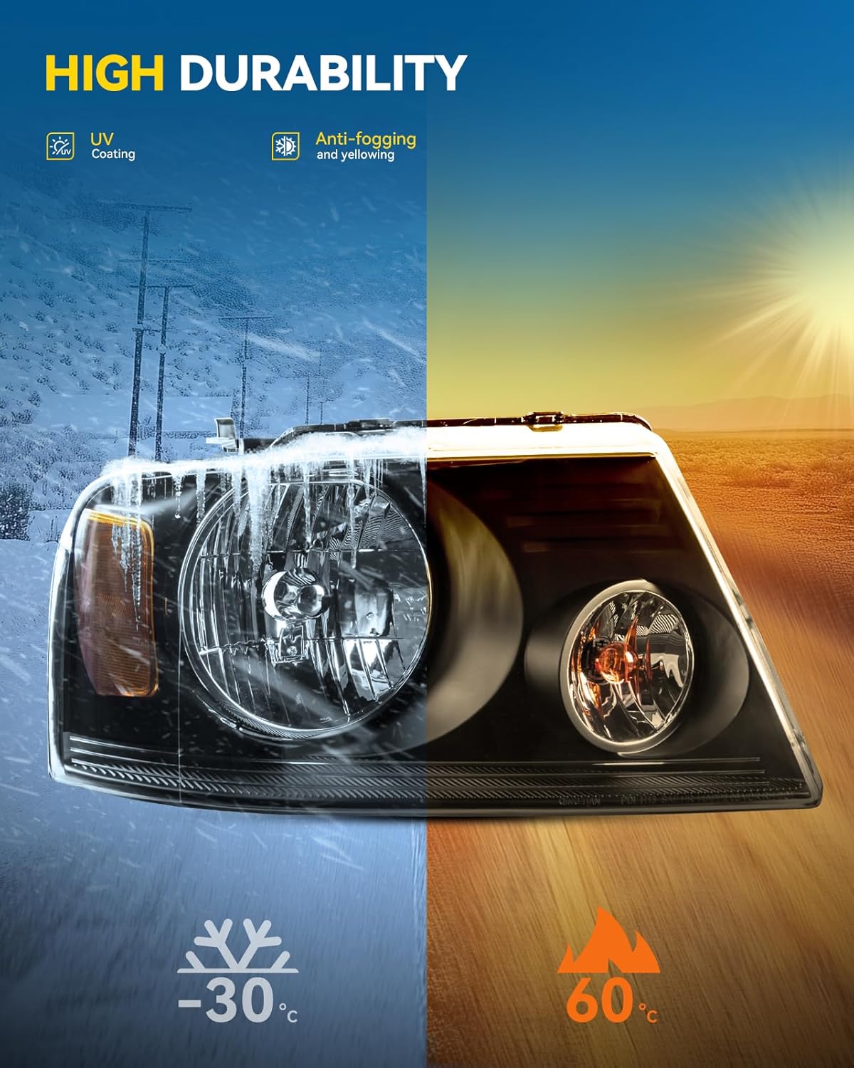 PHILTOP Headlight Assembly Set Compatible with 2004 2006 2007 2008 Ford F150,2006 Lincoln Mark LT,Driver & Passenger Side Halogen Headlamp without Bulbs Black Housing Amber Reflector Clear Lens