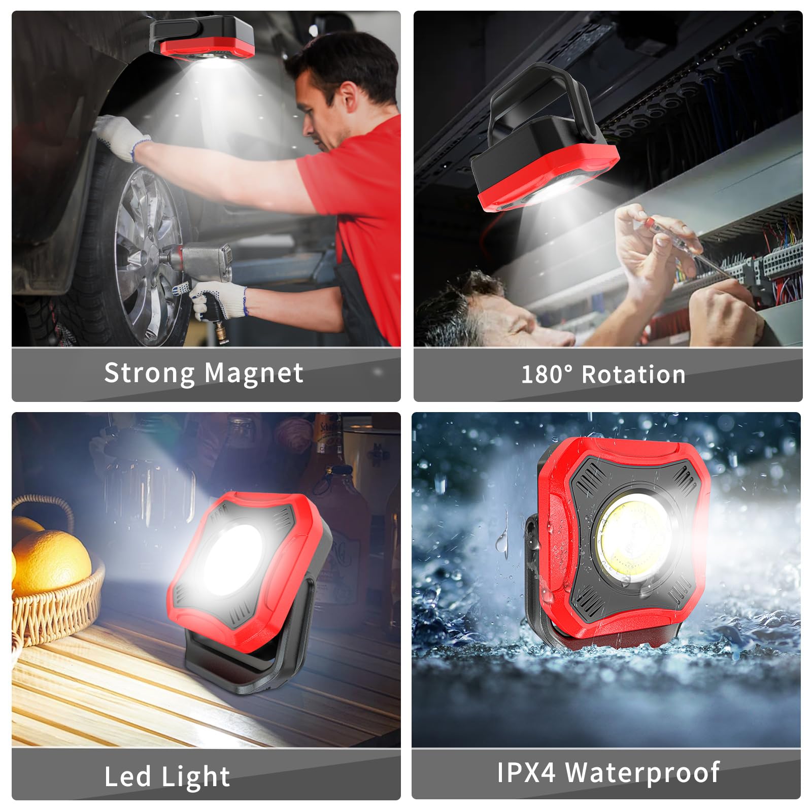 Lampe de travail LED, 1000 lumens, super lumineuse, lampe d'inspection, lampe d'inspection, 4 modes d'éclairage avec base magnétique et rotation à 180 °, pour garage, atelier, camping