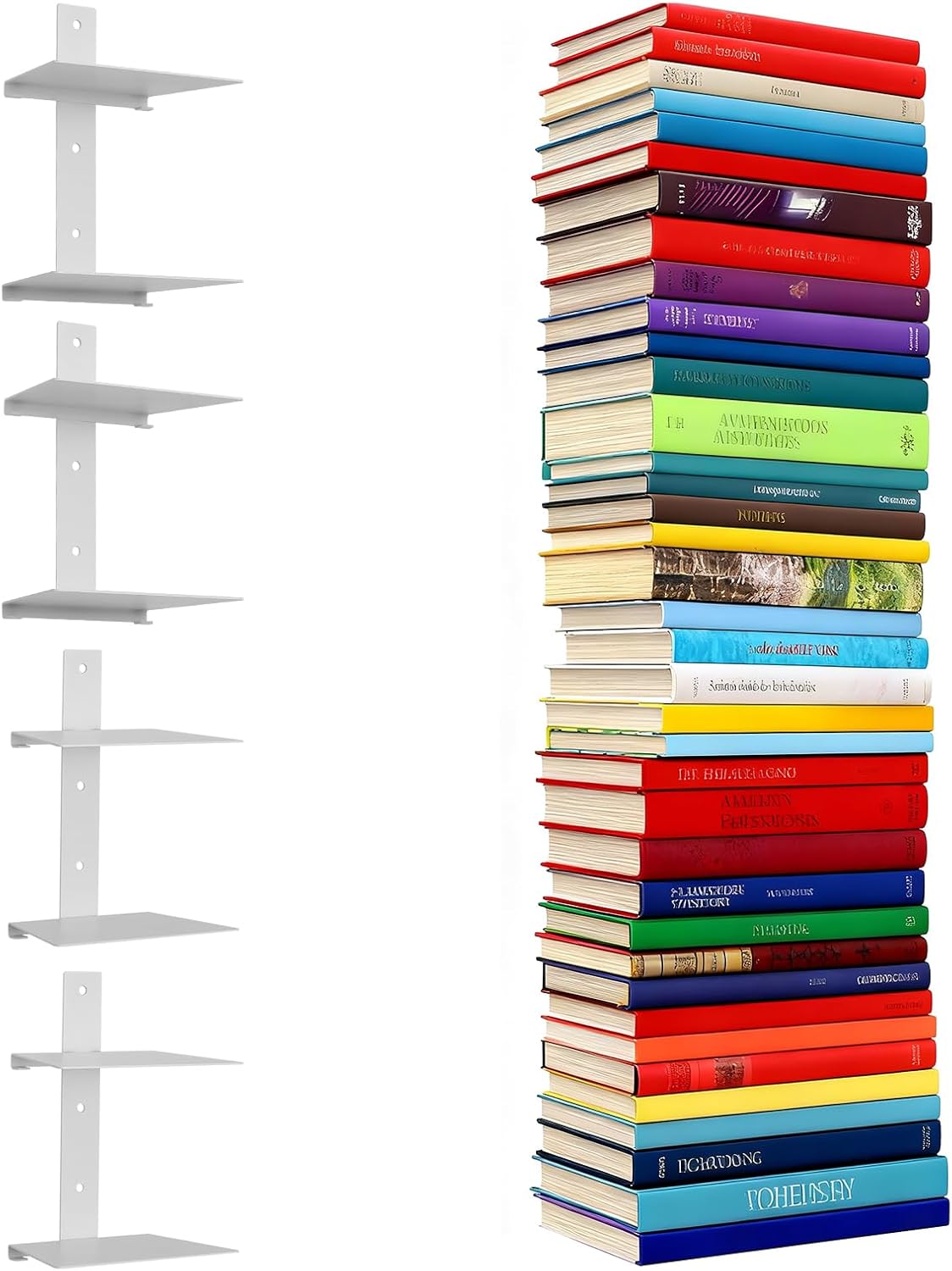 8 Tier Invisible Floating Bookshelves for Wall,Heavy Duty Floating Book Shelves, Metal Book Organizers Vertical Spine Book Tower for Home Office, 4 Pack(White)