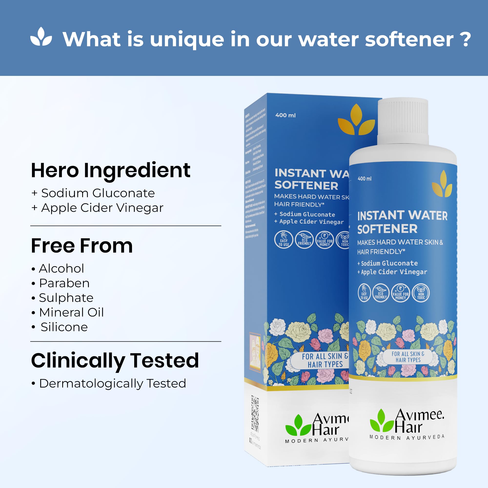 Avimee Herbal Instant Water Softener,400 ml | Makes Your Water Hair & Skin Friendly | Reduces Hair Fall & Skin Itching | Disables Hardness & Maintains pH Level | Kunwar Charcoal Facewash, 50 ml (Combo) 1