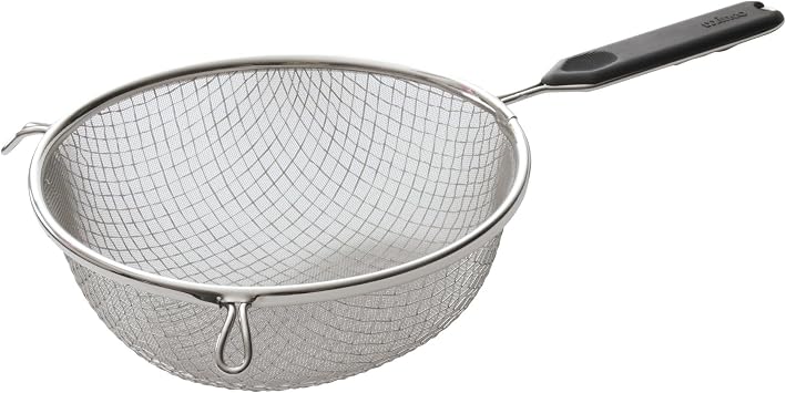 Winco 8" Stainless Steel Mesh Strainer, Bowl, Double Fine Mesh, Stainless | Double fine, Tin-plated steel, Wire handle, Hanging loop, Deep bowl, Great for Draining Pasta, Rinsing Produce and Straining