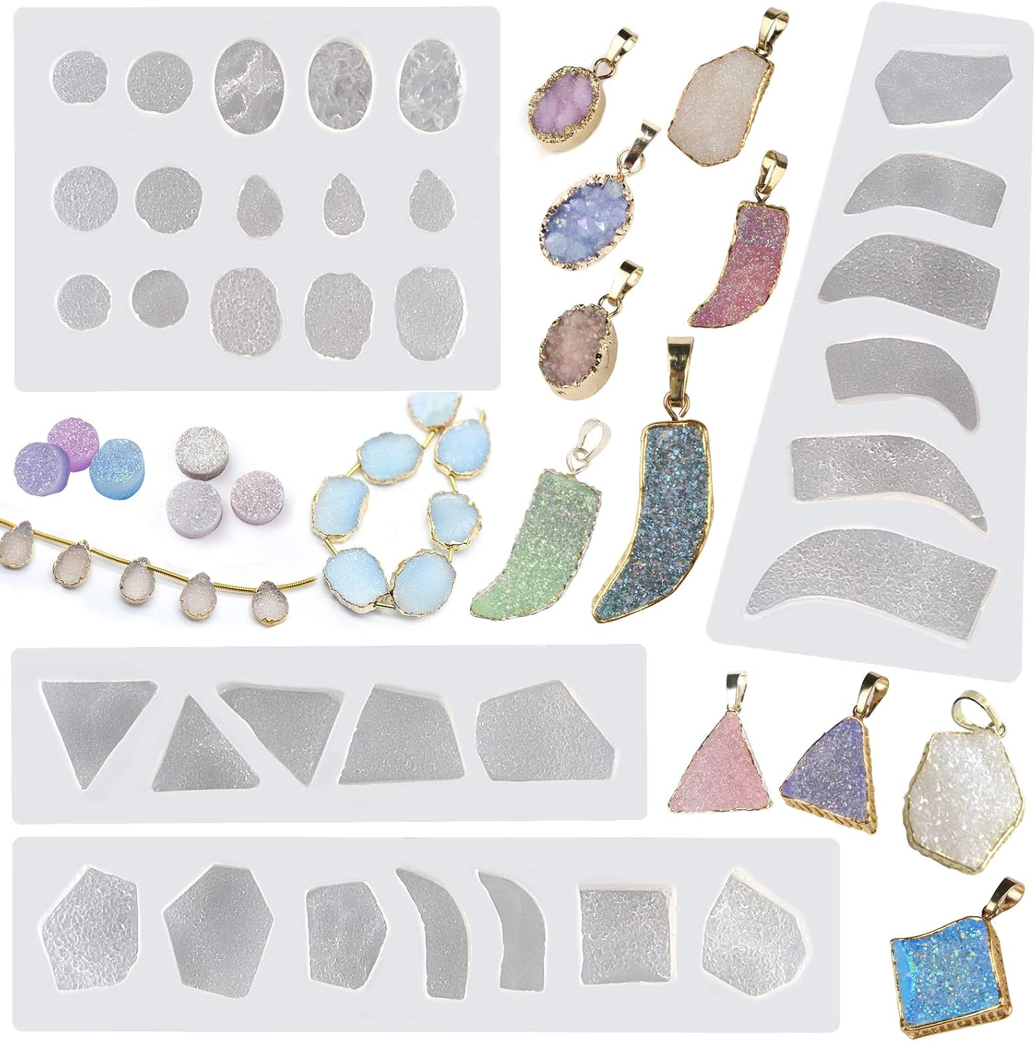 FUNSHOWCASE Geode Epoxy Resin Silicone Molds Set Jewelry Making Kits for Necklace Pendant Earrings Bracelet Charms 33 Shapes 0.35-1.65inch