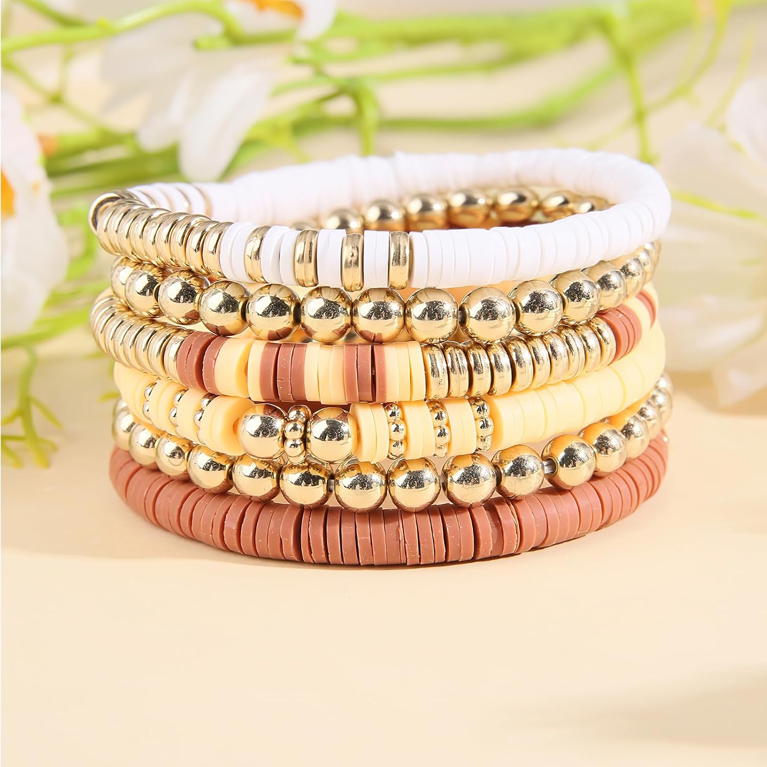 Bohemian Bracelets, Friendship Trendy Clay Stack Bead Bracelet Pink Gold for Women Man