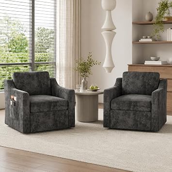 360 Swivel Accent Chair Set of 2, Comfy Armchairs with Pillows, No-Sag Foam & Sturdy Metal Base, Square Single Sofa Chairs for Living Room, Bedroom, Reading, Nursery, Lounge, Black