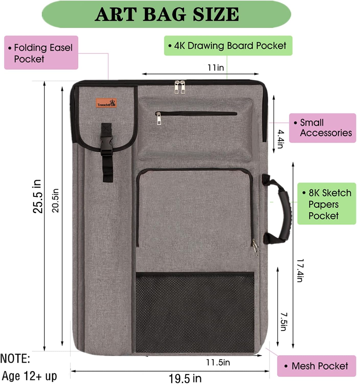 TreochtFUN Art Portfolio Case 24" x 18" - Medium Artist Backpack Drawing Bag for Canvas Board, Artwork Storage & Painting Supplies Organizer for Artwork, Professionals & Plein Air
