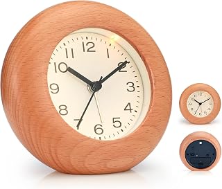 Wecker für Schlafzimmer, 10,2 cm lauter Wecker für schwere Schläfer, 2023 dekorativer Holzwecker mit Donut-Buche-Rahmen (rund)