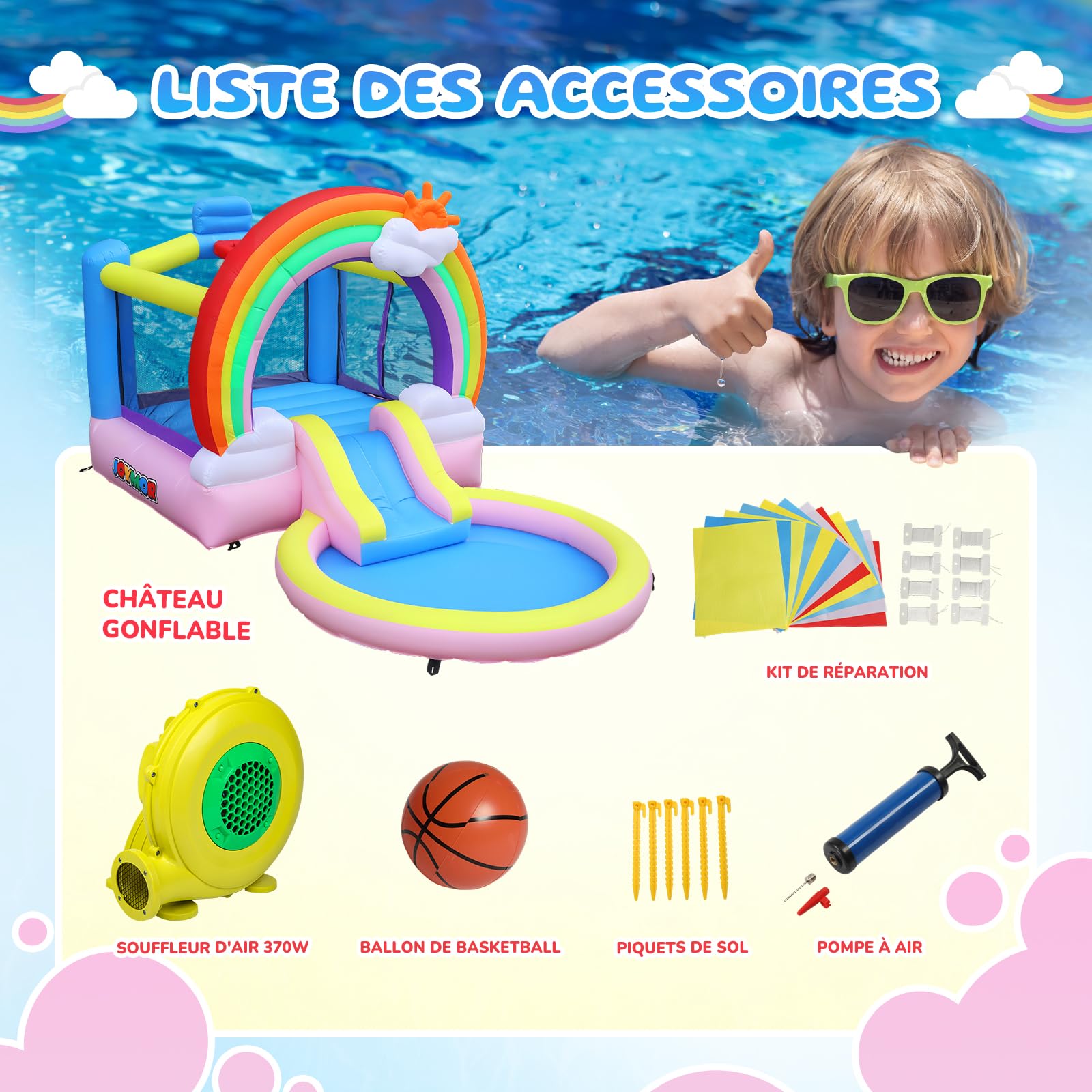 Bonnlo Tobogán Hinchable Infantil con Piscina, 370x192x192 cm, Cama Elástica y Diseño Arcoíris Nubes, Parque Inflable para Jardín Exterior e Inretior, Oxford 420D+840D