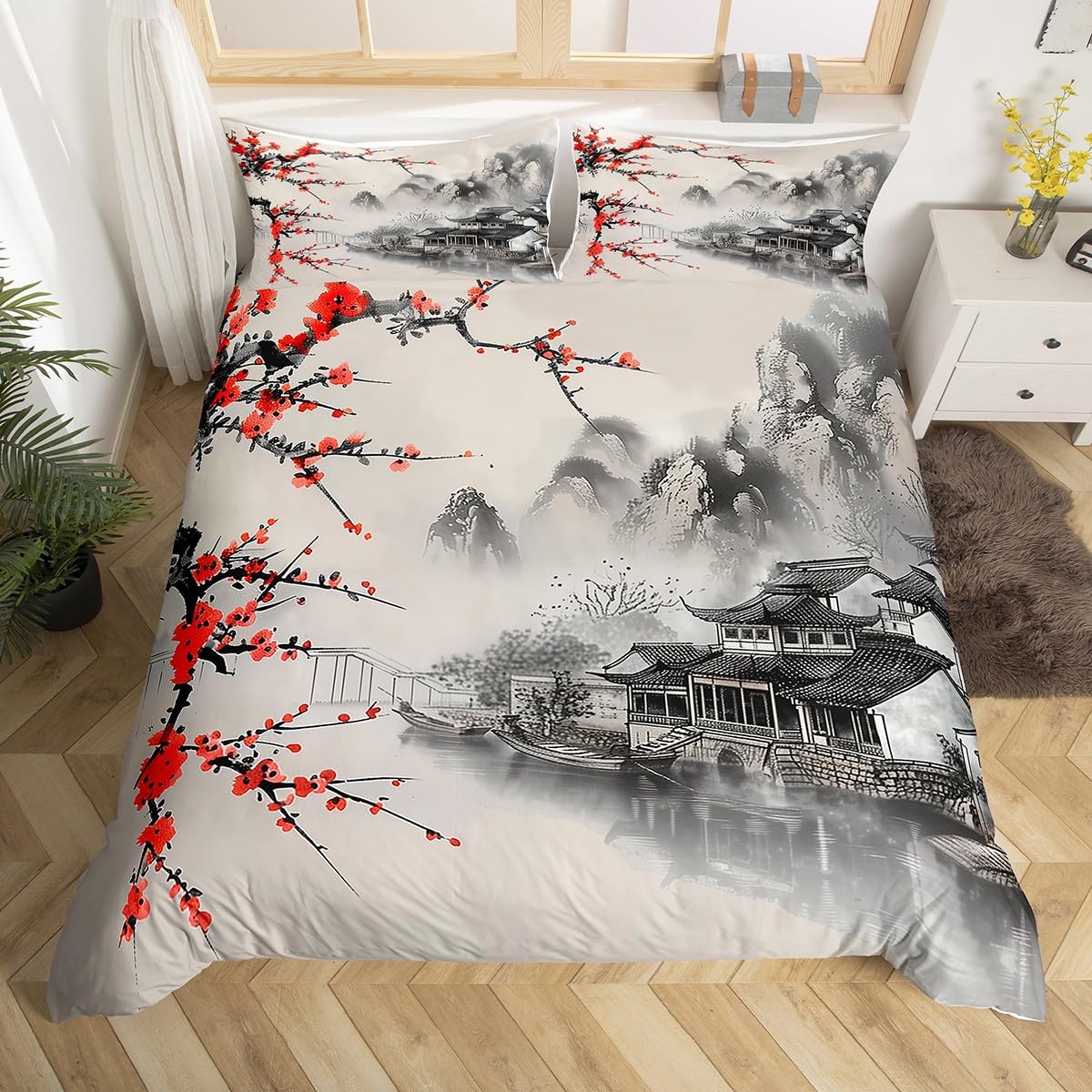Loussiesd Red Cherry Blossoms Duvet Cover All Season Chinese Ink Painting Style Bedding Set Romantic Themed Kids Junior/Cot Bed Bedclothes Winter Theme Floral Print Bedroom Comforter Cover — image 1