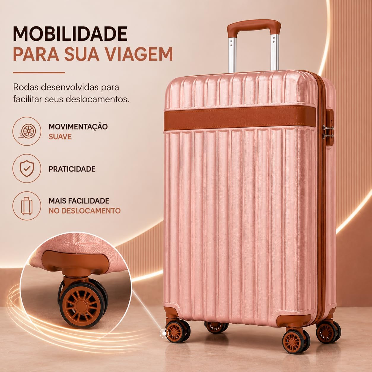 Mala de Viagem Pequena Bordo 360° Rígida com Rodinhas Giro Duplo e Cadeado Integrado, Leve, Resistente e Elegante para Avião e Viagens Curtas (Rose Gold)