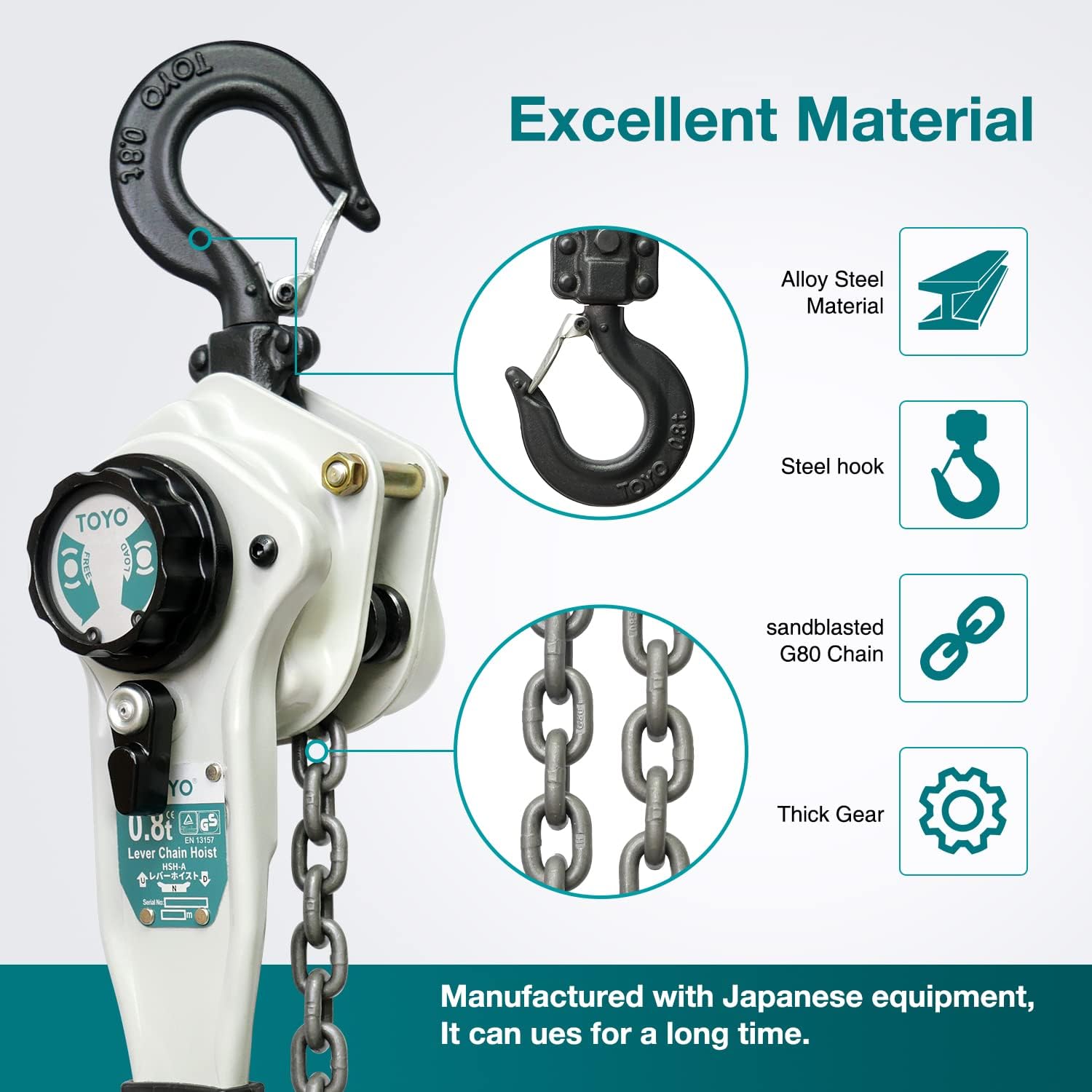 TOYO Lever Chain Hoist 1750Lbs 10ft,Chain Come Along 0.8T 10Ft Ratchet Chain Puller Hoist Alloy Steel G80 Chain 2 Heavy Duty Hooks for Building Warehouse Automotive Garages Machinery (1750LB 10FT)