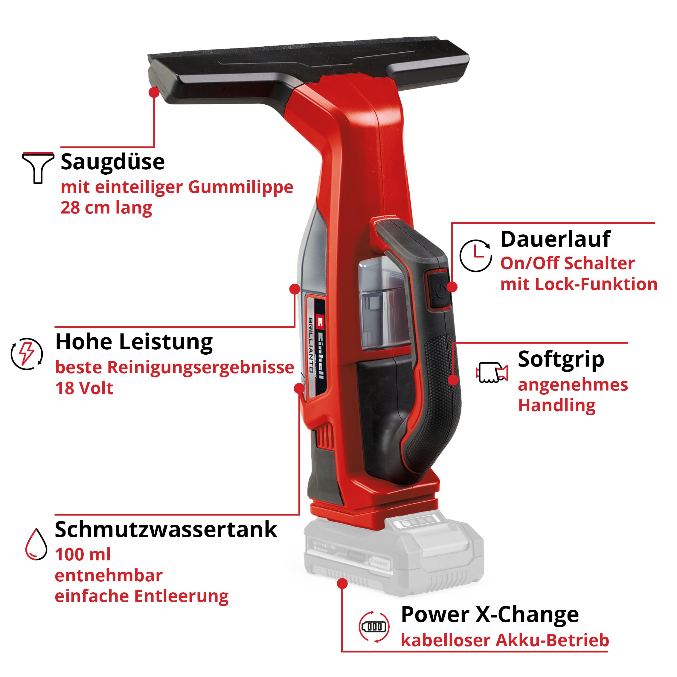 Einhell Akku-Fensterreiniger BRILLIANTO + 4 Ah Akku | PXC | 18 V | 28 cm lange Saugdüse | streifenfreie Reinigung | Sprühflasche mit Mikrofasertuch | 4,0 Ah Akku & Ladegerät