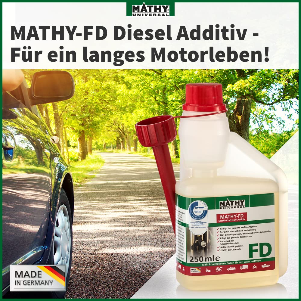 MATHY-FD Diesel-Pflege-Kraftstoffadditiv, 5 x 1 l, Additiv Systemreiniger | Dieseladditiv & Kraftstoffstabilisator, Hochkonzentrierte Reinigung für Dieselmotor, Reiniger bei jeder Tankfüllung