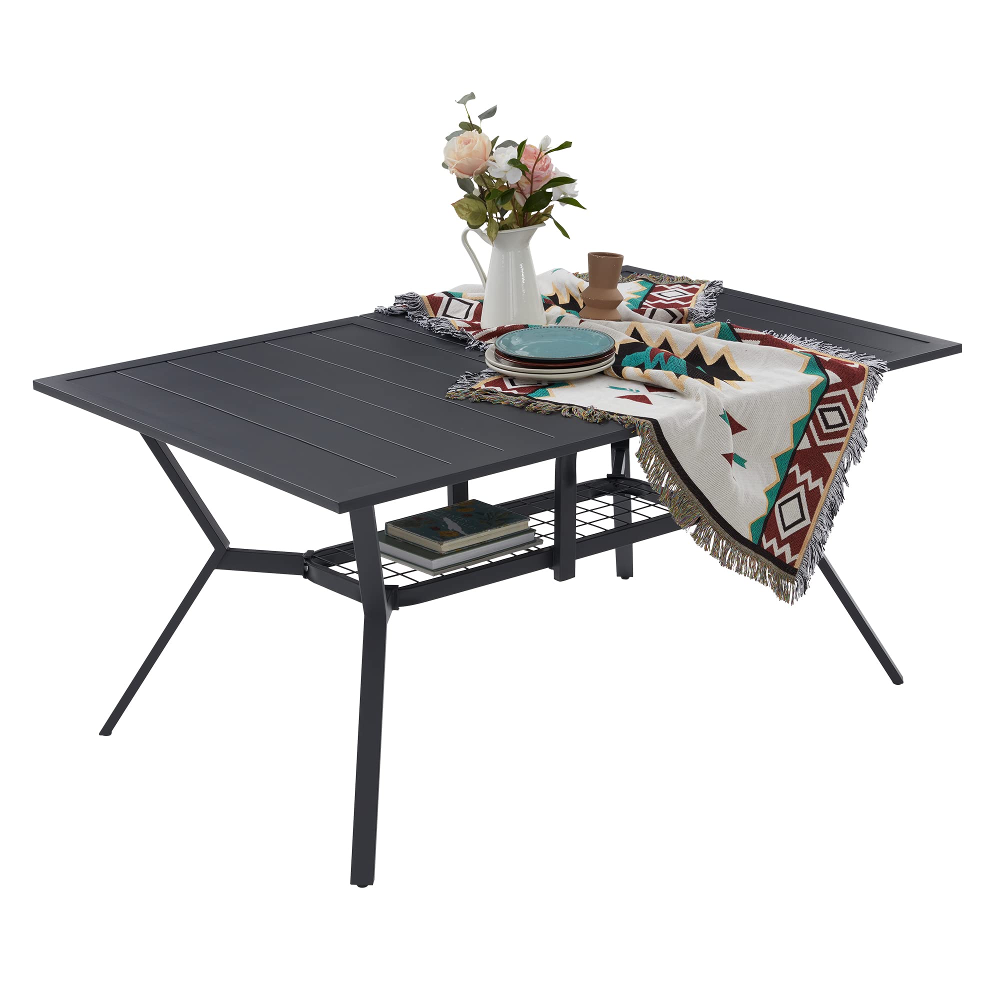 VICLLAX Outdoor Patio Dining Table for 6, Metal Frame Rectangle Patio Table with Umbrella Hole for Patio Lawn Deck, Grey