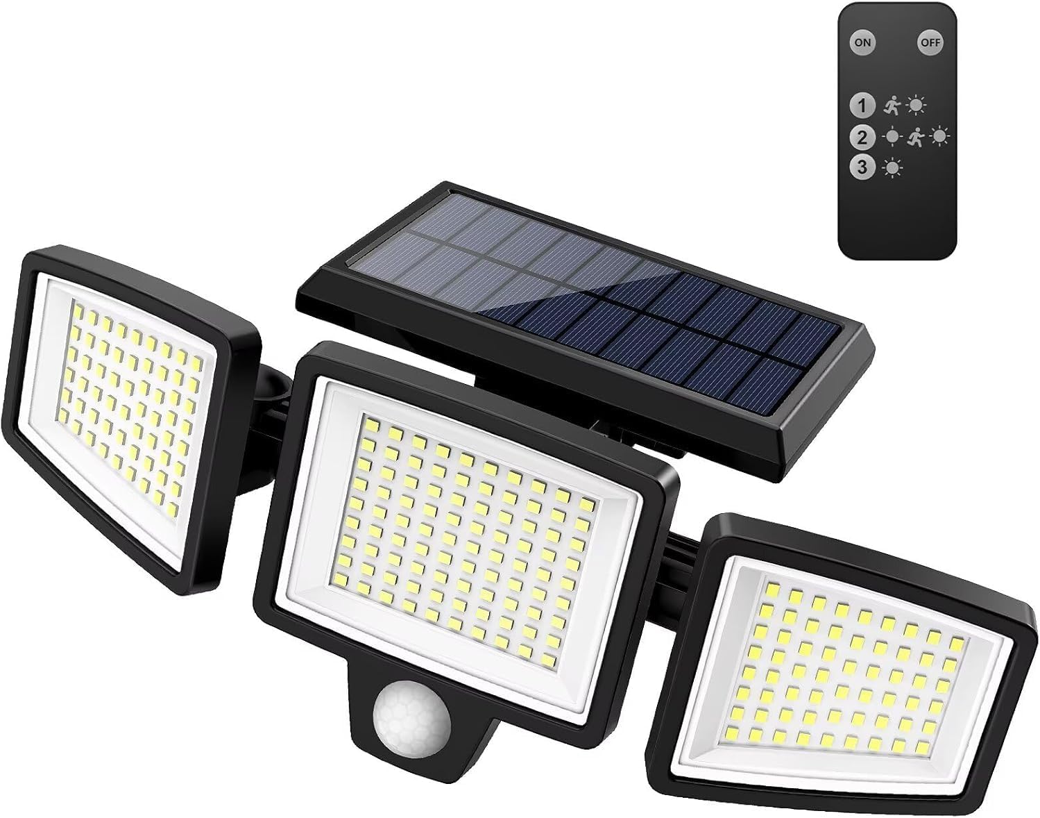 Solar Outdoor Lights 2500LM 210 LED Security Lights with Remote Control,3 Heads Motion Sensor Lights, IP65 Waterproof,270° Wide Angle Flood Wall Lights with 3 Modes1 Pack