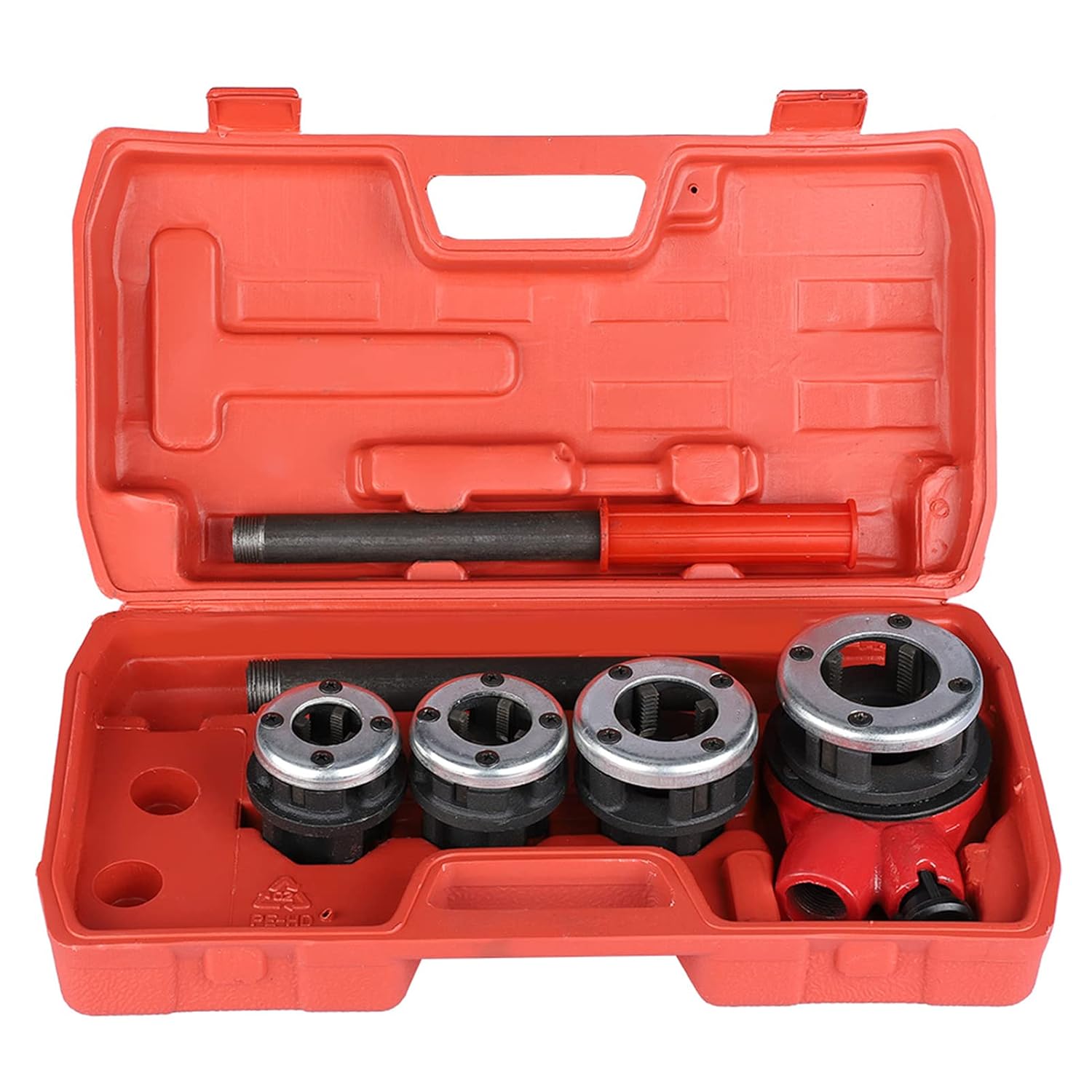 Pipe Threading Kit 4 Dies with 2 Handle, Ratchet Head for 1/2, 3/4, 1, 1-1/4 Inch Pipe Threads, Cast Iron, Swarf Removal Holes, Plastic Box for Storage