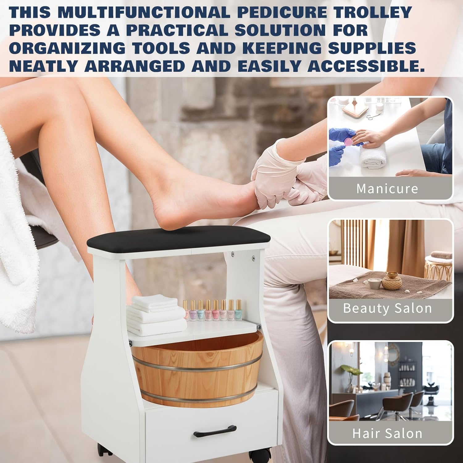 Geelin Portable Pedicure Foot Rest Stool with 4 Locking Wheel, Mobile Foot Bath Spa Trolley Cart for Nail Techs & Home Salon, Comfortable Footrest, Black
