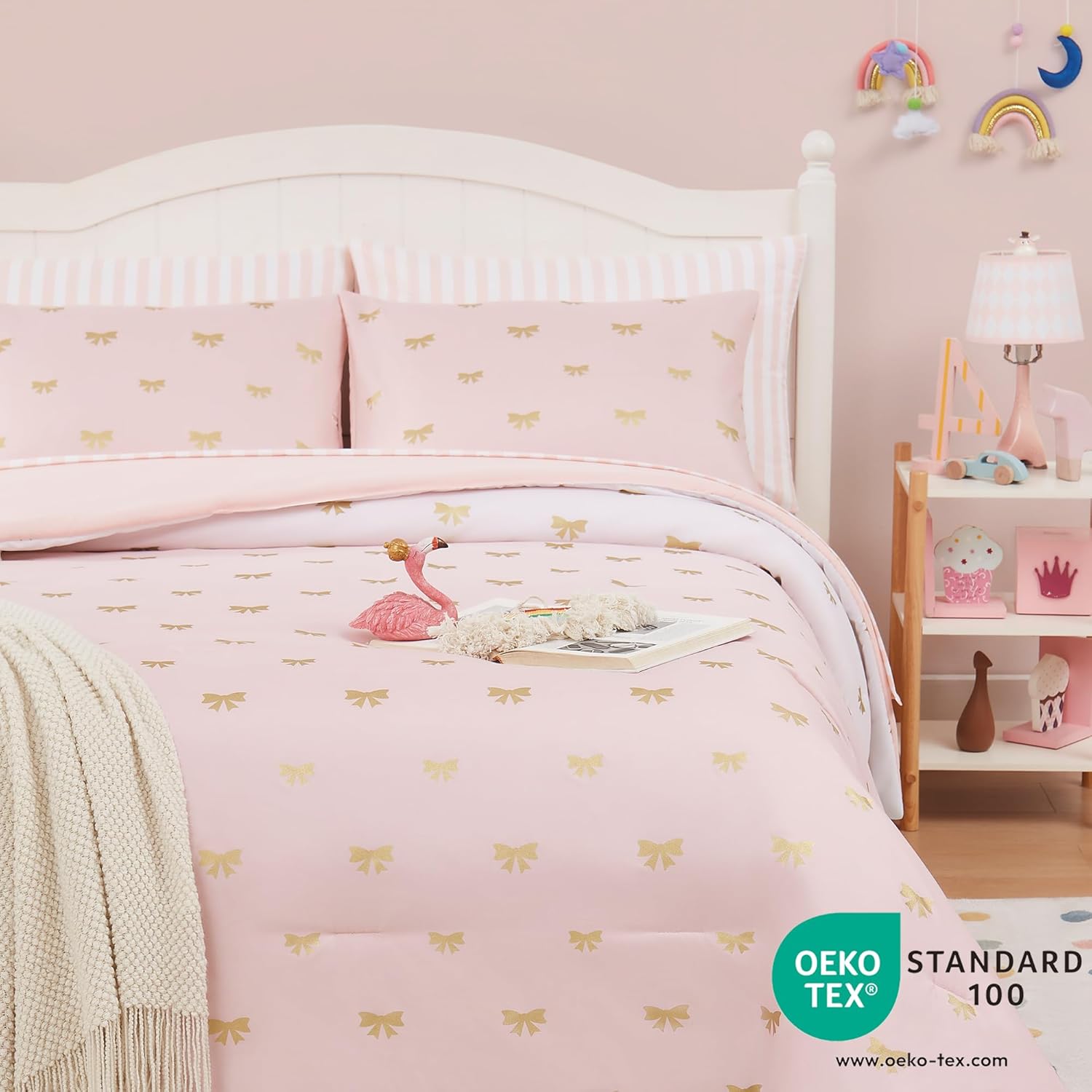 Twin Comforter Set with Sheets for Girls-5 Pieces Twin Bedding Sets with Pink Comforter, Sheets, Pillowcase & Sham for Kids (Pink Gold Bow, 66" X 86") - Image 2