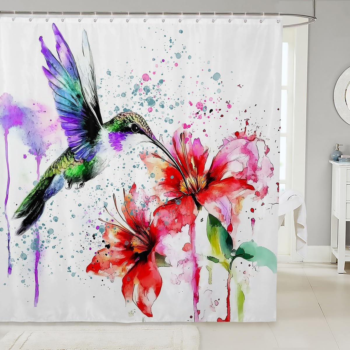 Hummingbird Curtains Red Lotus Shower Curtain for Boys Girls Kids Colorful Tie Dye Bathroom Decor,Vintage Abstract Art Design Flowers Rustic Style Waterproof Bath Curtain with Hooks ,72" W x 78" L