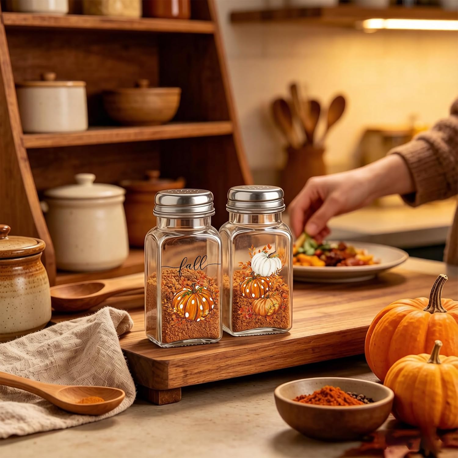 AnyDesign 2Pcs Fall Salt and Pepper Shaker Sets Orange Polka Dot Pumpkin Glass Spice Dispenser Rustic Clear Seasoning Containers for Autumn Thanksgiving Home Kitchen Counter Table Decor
