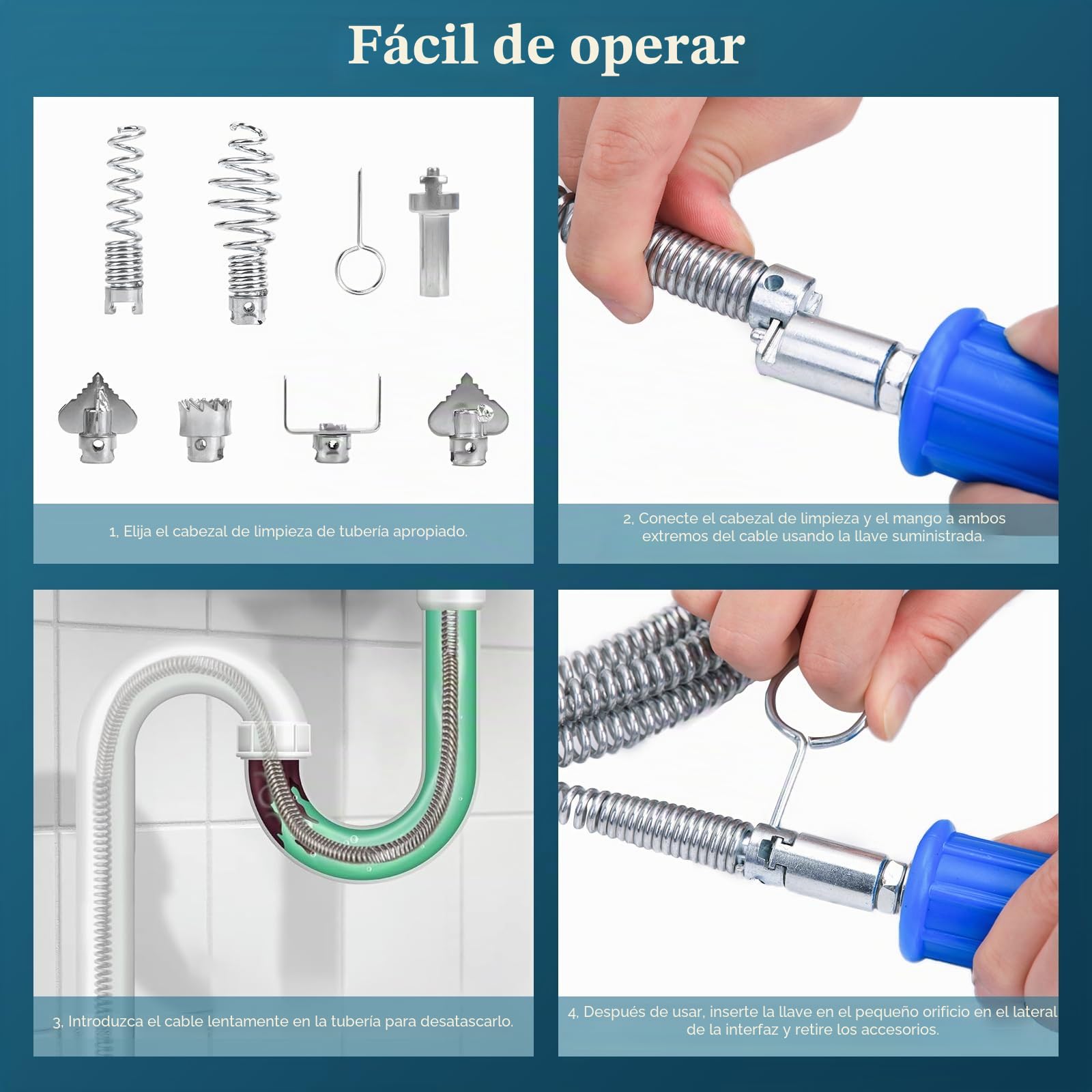 Desatascador Tuberias Fregadero 5m | Espiral de Limpieza de Tuberías Profesional Diámetro 12 mm con 8 Piezas Limpiador de Drenaje Accesorios