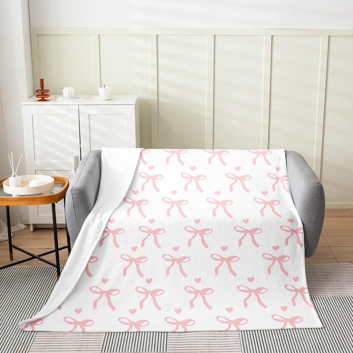 Feelyou Girl Cute Pink Bowknot All Season,Bed Blanket Set Pink Love Heart Print Plush Throw Blanket, for Sofa Couch Kids Dreamy Princess Style Flannel Fleece Blanket Cute Bow Room Queen 90"x90"