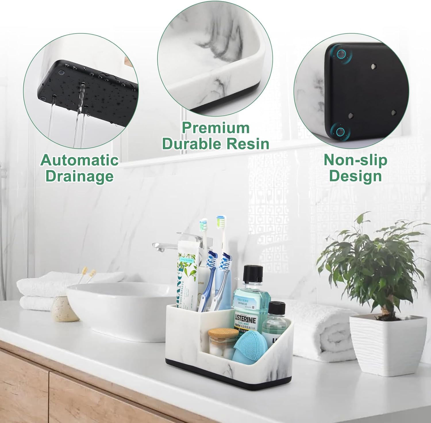 Electric Toothbrush Holders for Bathroom Countertop, Kids Toothbrush and Toothpaste Holder, Marble Bathroom Accessories Vanity Organizer Storage(Marble Grain&Black)