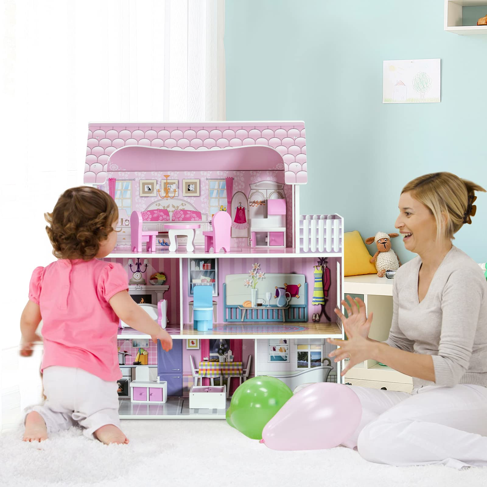 DREAMADE Puppenhaus Holz, Holzpuppenhaus mit Zubehör und Möbel, Dollhouse Puppenhaus Puppen für Kinder (Modell 1)