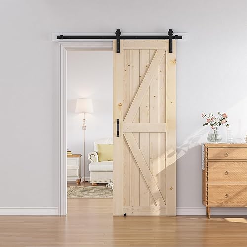 Miniatura 2 de SmartStandard Puerta corrediza de madera de granero de 30 x 80 pulgadas, preperforada, necesidad de montar, losa de madera de abeto maciza sin