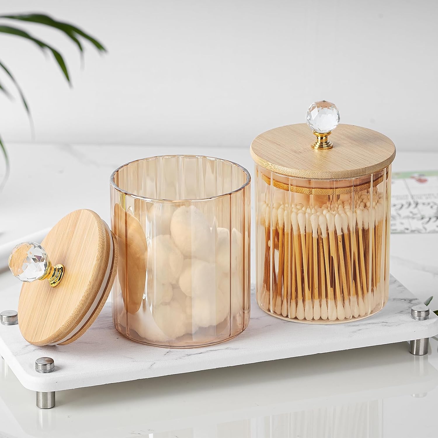 Qtip Dispenser 2 Pack Amber Glass Canister 500ml for Bathroom & Cotton | Qtip Holder Dispenser for Cotton Swabs Cotton Balls, Vanity Makeup Organizer, Home Decor, Qtip Holder Storage