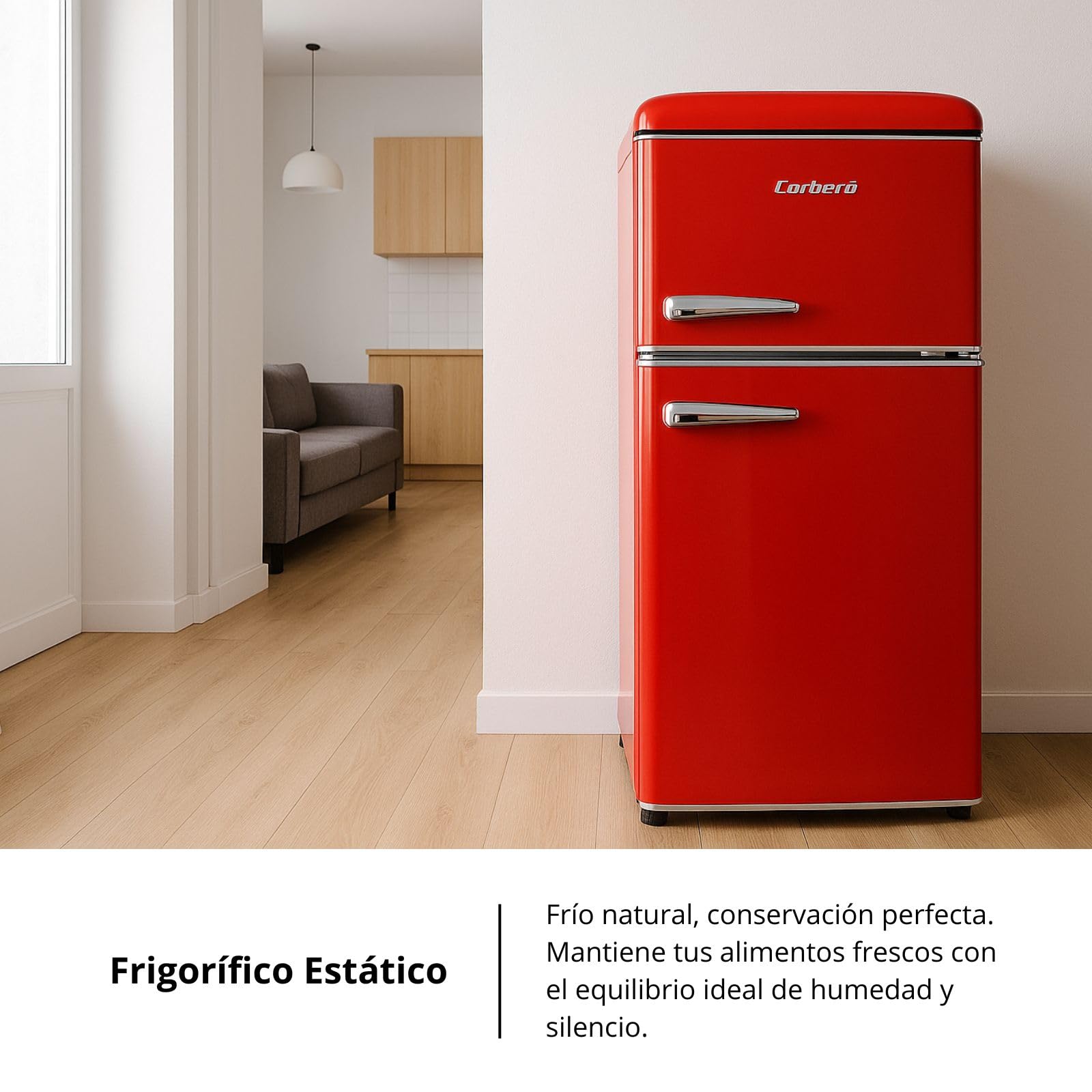 Corberó – lodówka retro statyczna, CF2PG90RR, 89 x 48 x 51 cm, pojemność 86 l, zamrażarka 26 l, 37 dB, światło wewnętrzne, szklane półki, nogi poziomujące, kolor czerwony