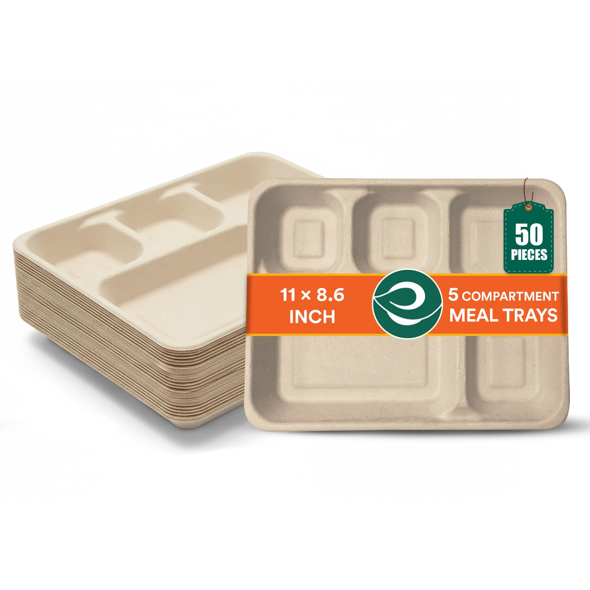 ECO SOUL | 5 Compartment Bagasse Meal Tray | 11 Inch - Pack of 50 | Disposable Plates Big Size | Eco-Friendly, Durable & Leak-Proof | Great for Events, Caterers & Buffet