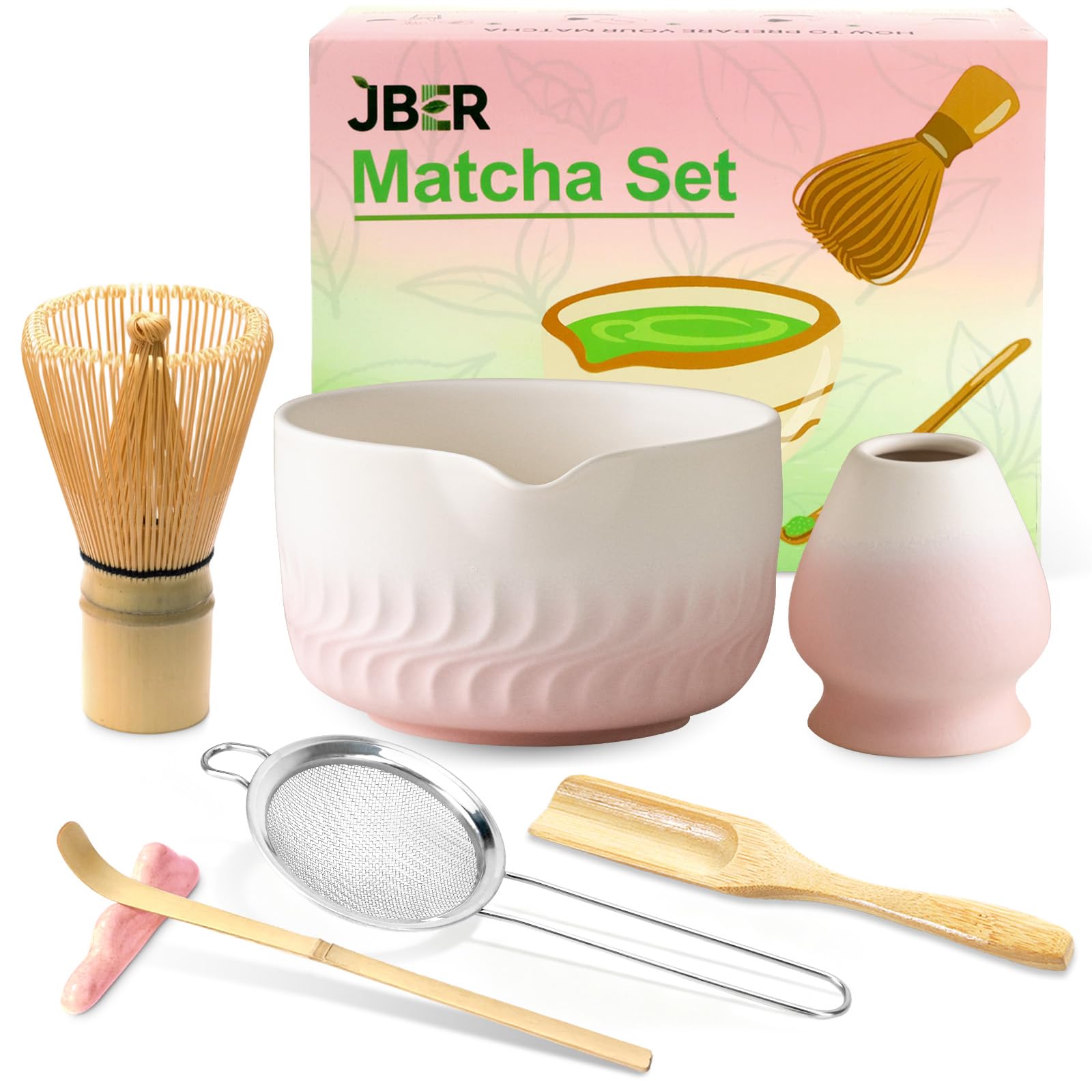 JBER Matcha Besen Set, Matcha Set 7 Teiliges - Bambus Matchabesen, Keramik Schale mit Auslauf, Besenhalter, Sieb, Löffel, Perfekt Matcha Tee Set für Matcha-Liebhaber - Farbverlauf Rosa