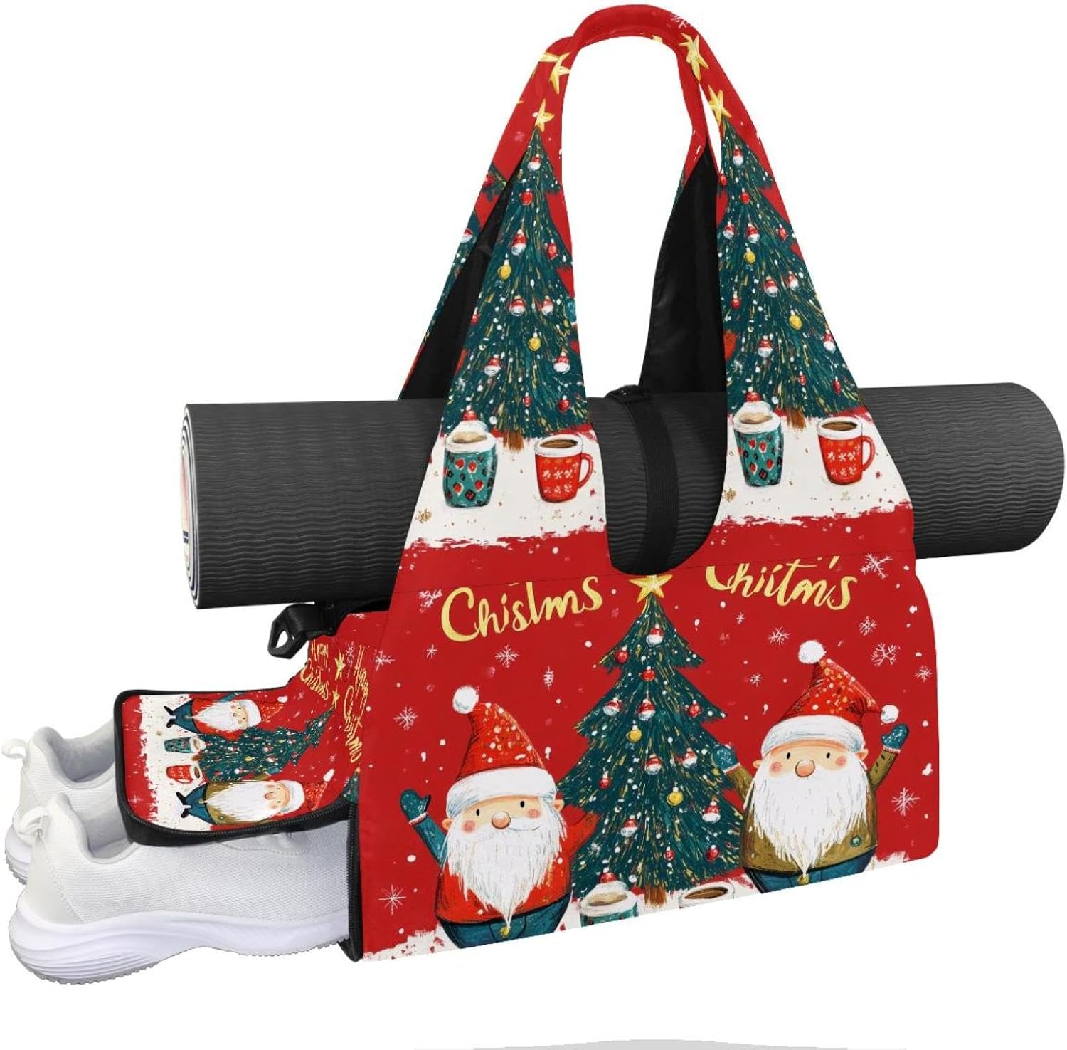 Gym Bag for Women, Christmas Gnome Yoga Mat Bag with Shoe Compartment, Sport Yoga Gym Bag with Yoga Strap, Carryall Yoga Tote Bag