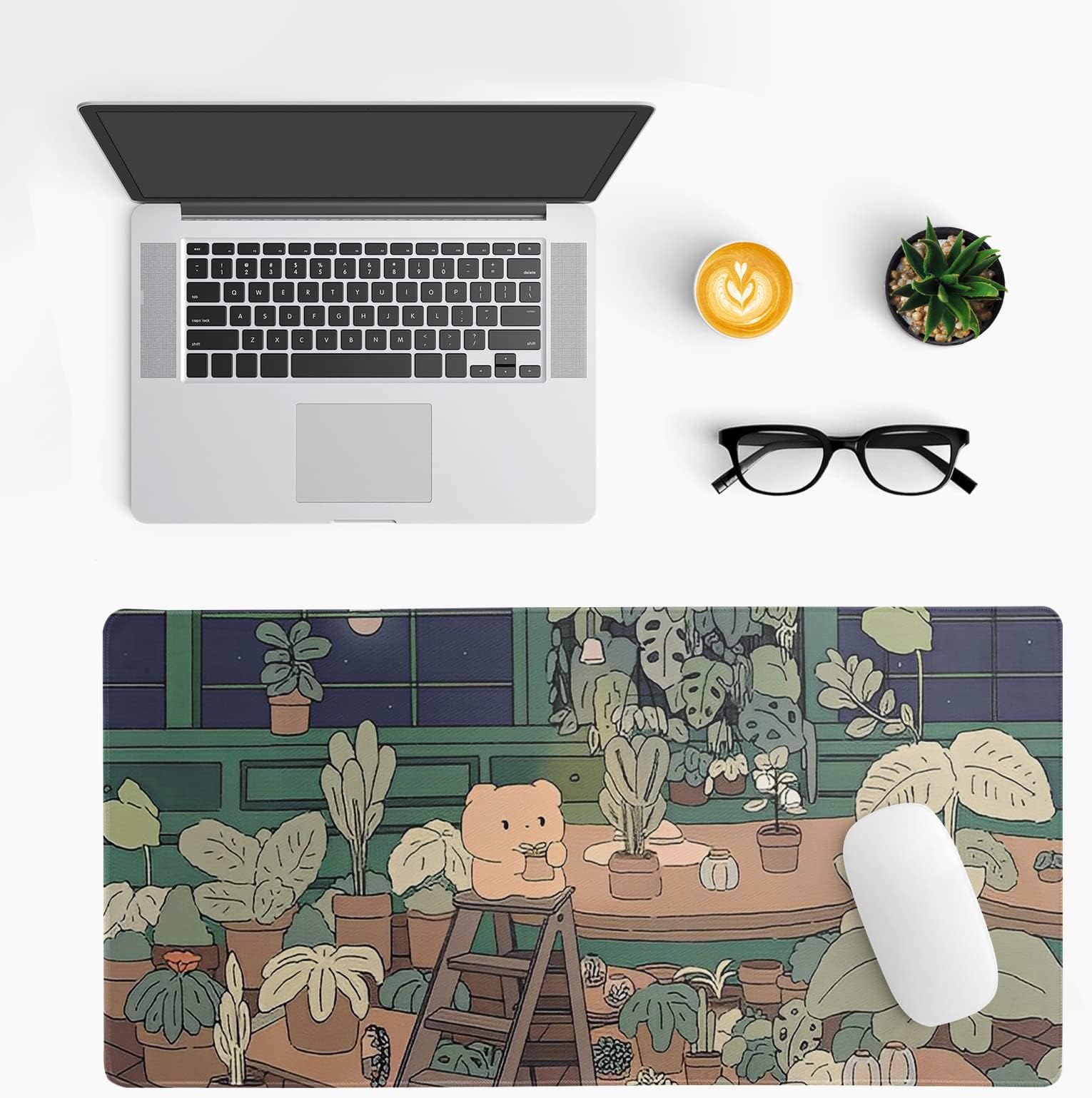 Bear Gaming Mouse Pad Anime Plant Abstract Desk Protector 31.5x11.8 Inch Kawai Aesthetic Brown and Green Forest Non-Slip Rubber Base Stitched Edges Keyboard Desk Pad for Office