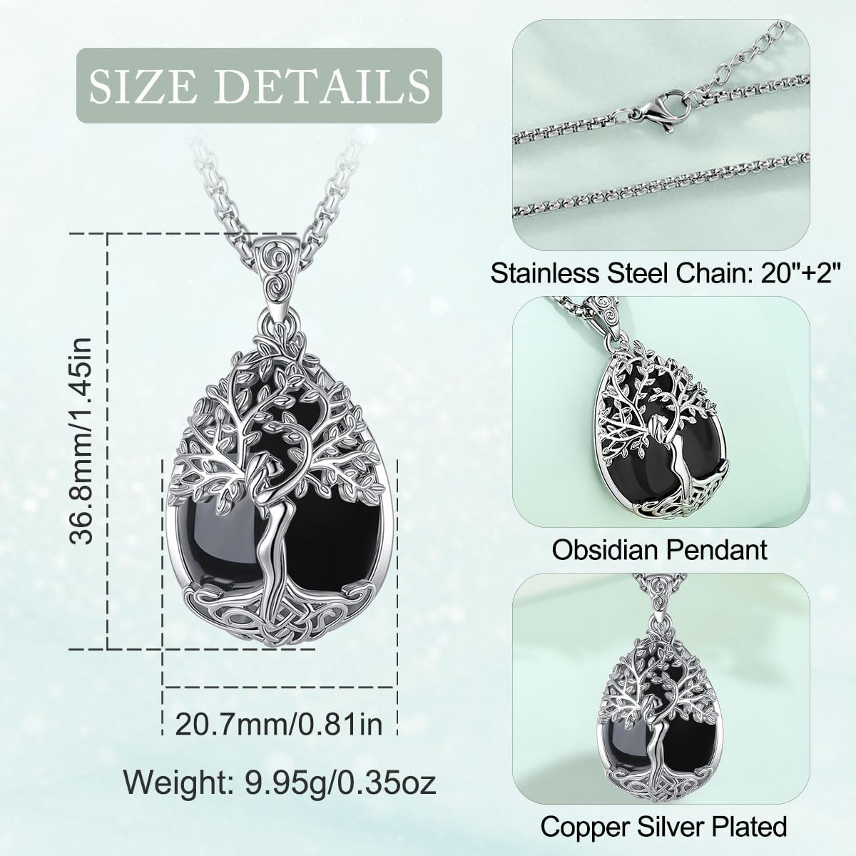 EUDORA Tree of Life Necklace with Moonstone Amethyst Obsidian Turquoise Healing Crystal for Women, Silver Plated Copper Mother Tree of Life Pendant Amulet Energy Jewelry, Gift for Women Mom, 20"+2" - Image 3