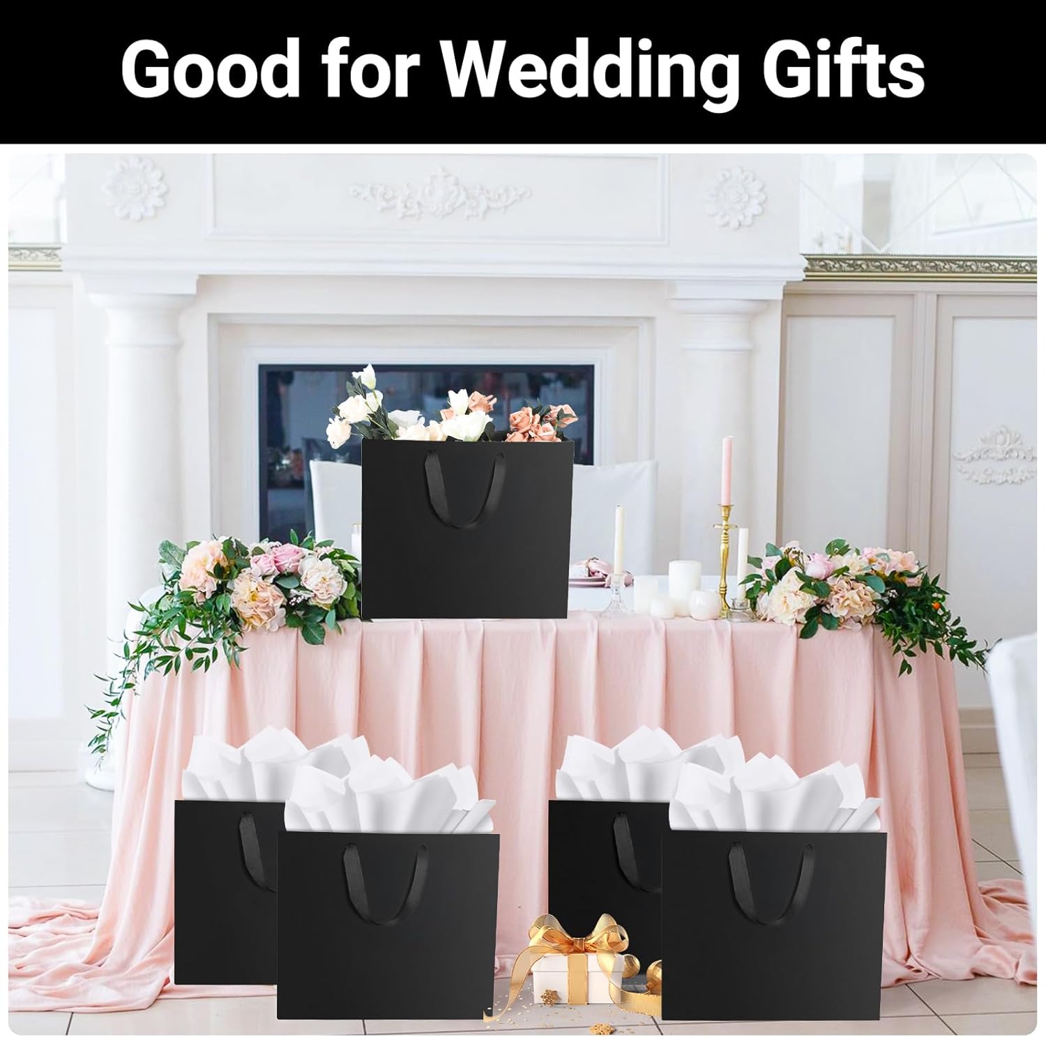 EUSOAR Black Gift Bags, 20pcs 12.5"x4.5"x11" Large Kraft Paper Gift Wrap Bags with Handles 50pcs 20"x30" White Bulk Tissue Paper and 20pcs White/Gold Blank Greeting Cards for Shopping Wedding Party