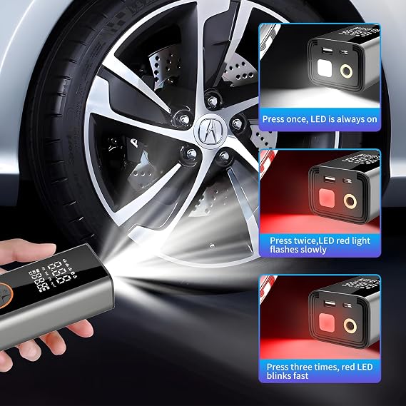 Portable Air Compressor Car Tyre Pump, 6000mAh corded/cordless Dual power supply 150PSI Tyre Inflator Cordless Digital Dual Values Display tyre pump for Car Motorcycle Bike Ball(silver)