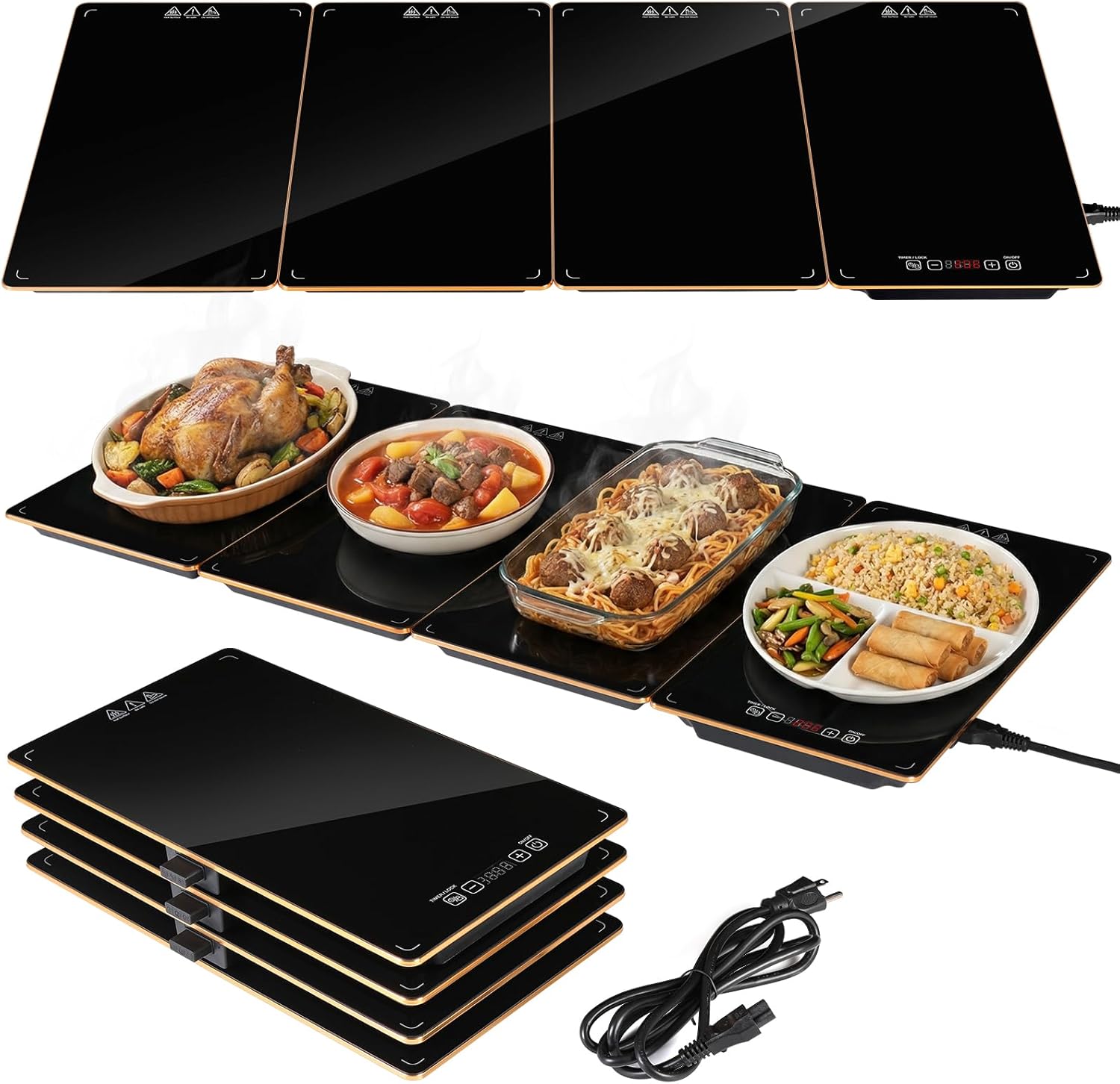Food Warmers for Parties Buffet, 4-in-1 Electric Warming Tray with 8 Temp Settings and 24 Hour Timer, 34"x15" Assemblable Warming Mat for Food, Modular Buffet Hot Plates for Catering and Gatherings