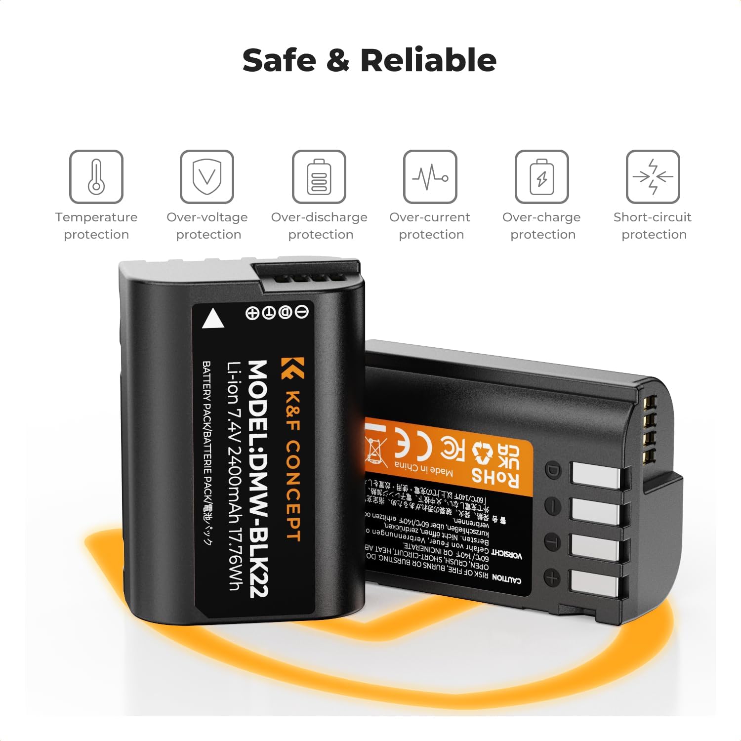 K&F Concept DMW-BLK22 battery with icons representing various safety protections: temperature, over-voltage, over-discharge, over-current, over-charge, and short-circuit protection.