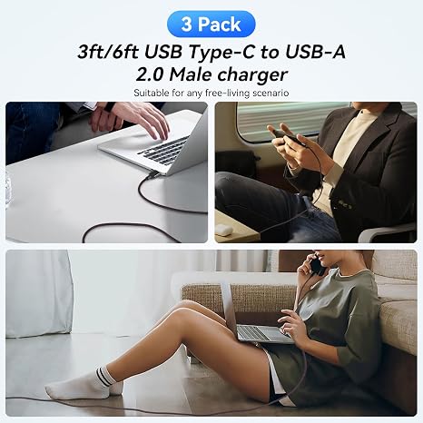 3-Pack/3FT USB-A to USB-C Charger Cable,Type C Charging Cable Nylon Braided for Huawei P20/P30,Samsung Galaxy S20 S11 S10 S9, LG,Sony XZ, Xiaomi,Google Pixel,and More
