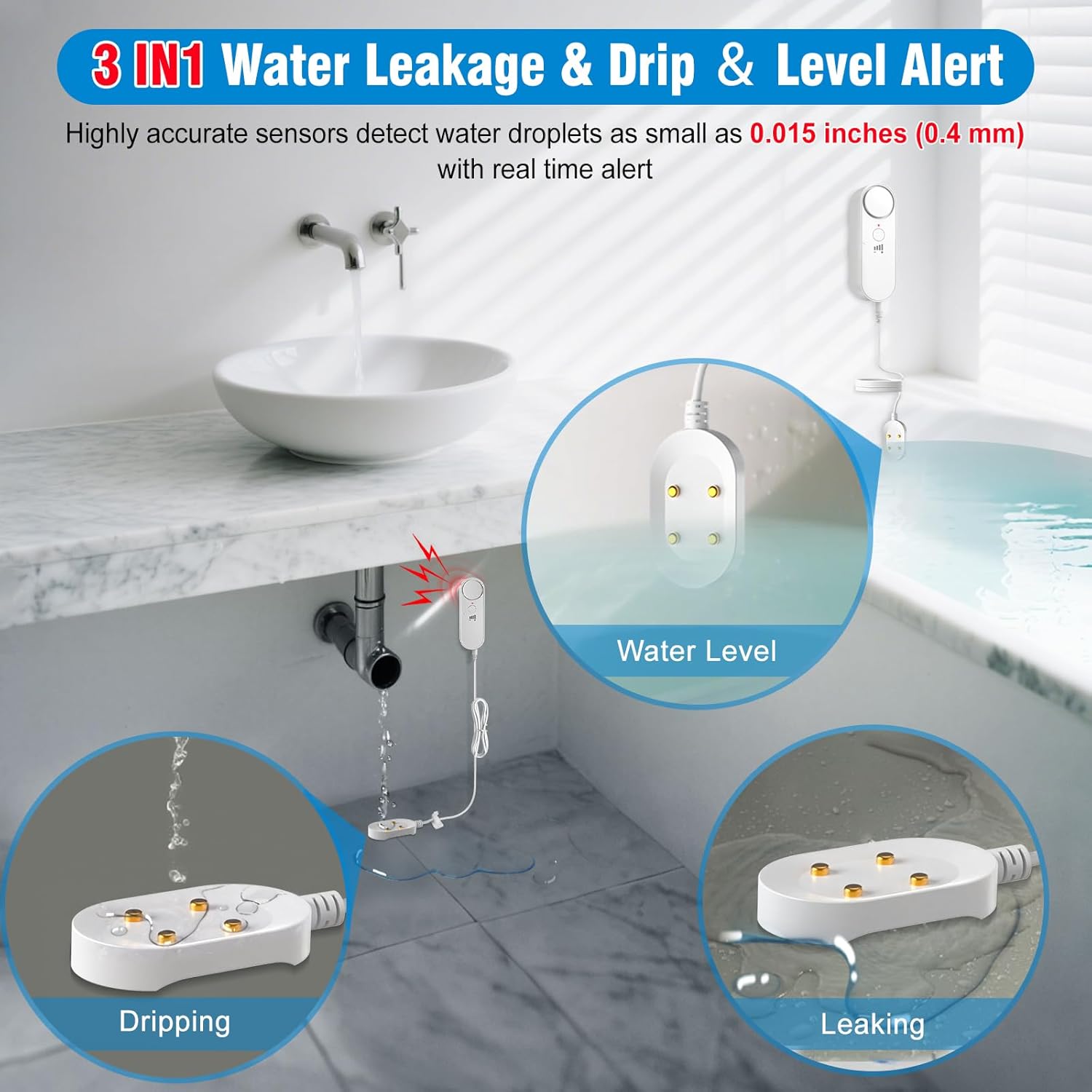 Image showing a house floor plan with Daytech water alarms placed in various rooms (air conditioner, washing machine, sinks/bath, dishwasher/refrigerator, water heater, sump pump), illustrating the 100dB alarm sound coverage.