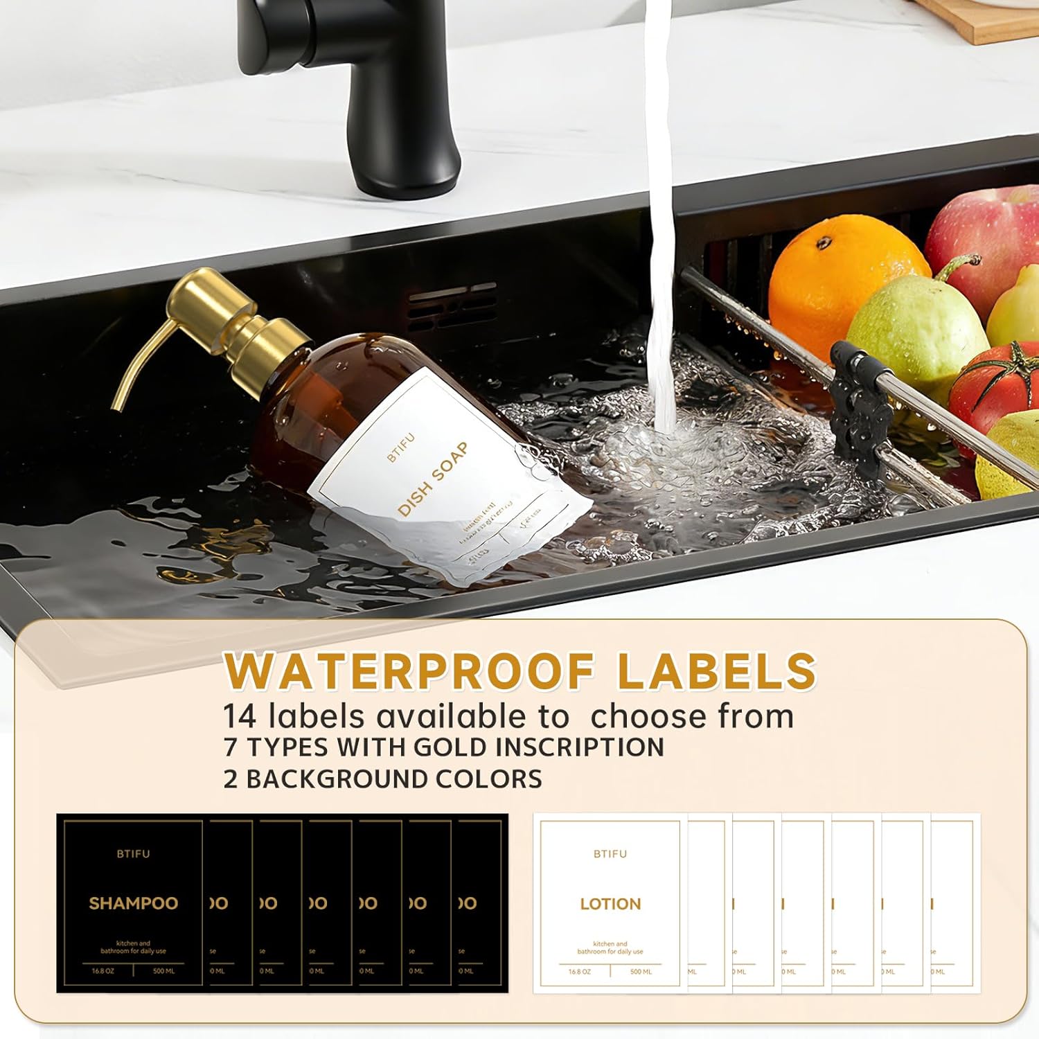 Kitchen Soap Dispenser Set – 16.8oz/500ml Glass Hand and Dish Soap Dispenser with Stainless Steel Pumps & Non-Slip Silicone Base, Modern Decor for Home, Airbnb, Office (Amber & Gold)